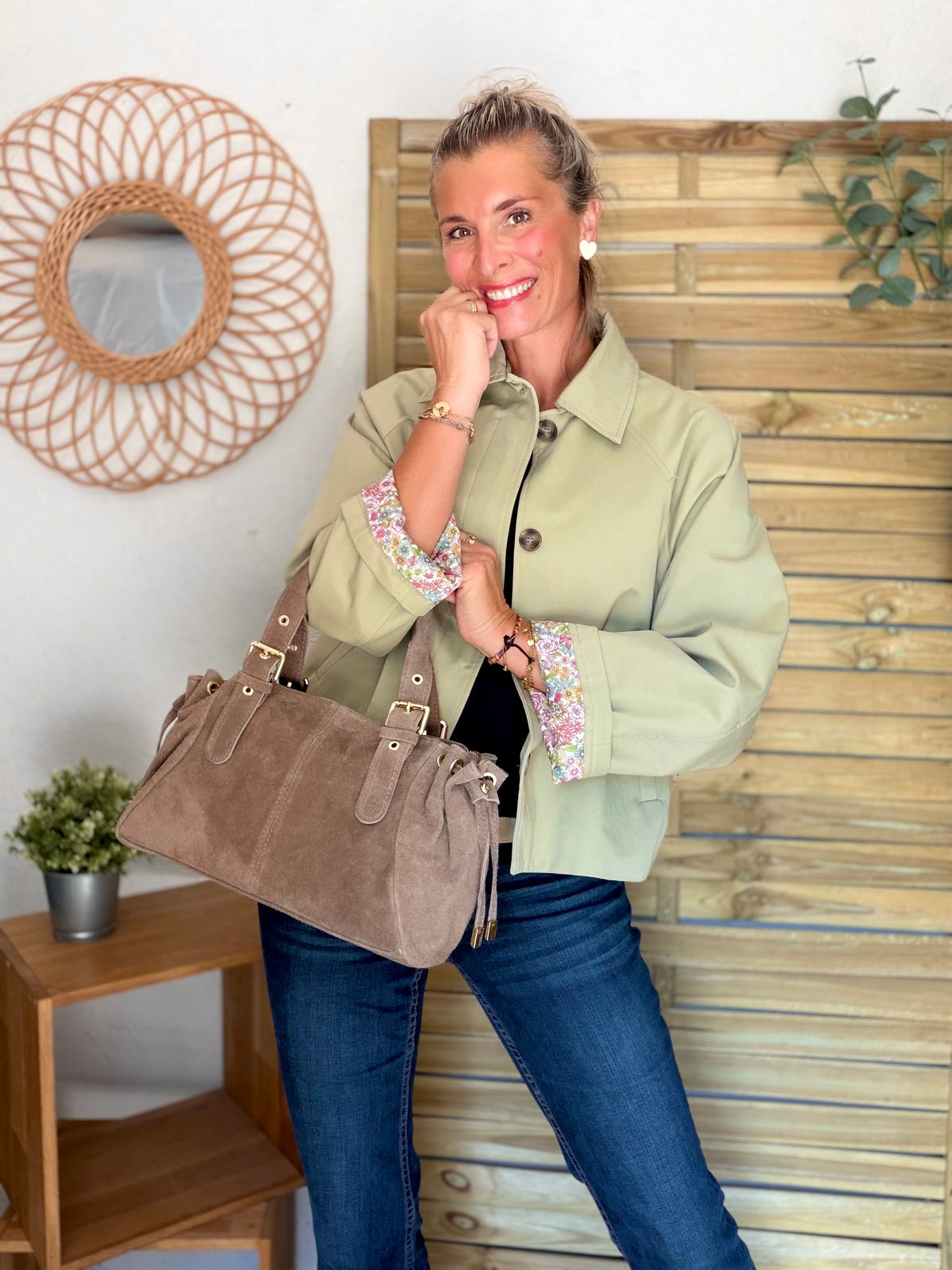 Sac à main en cuir daim GERY - Taupe