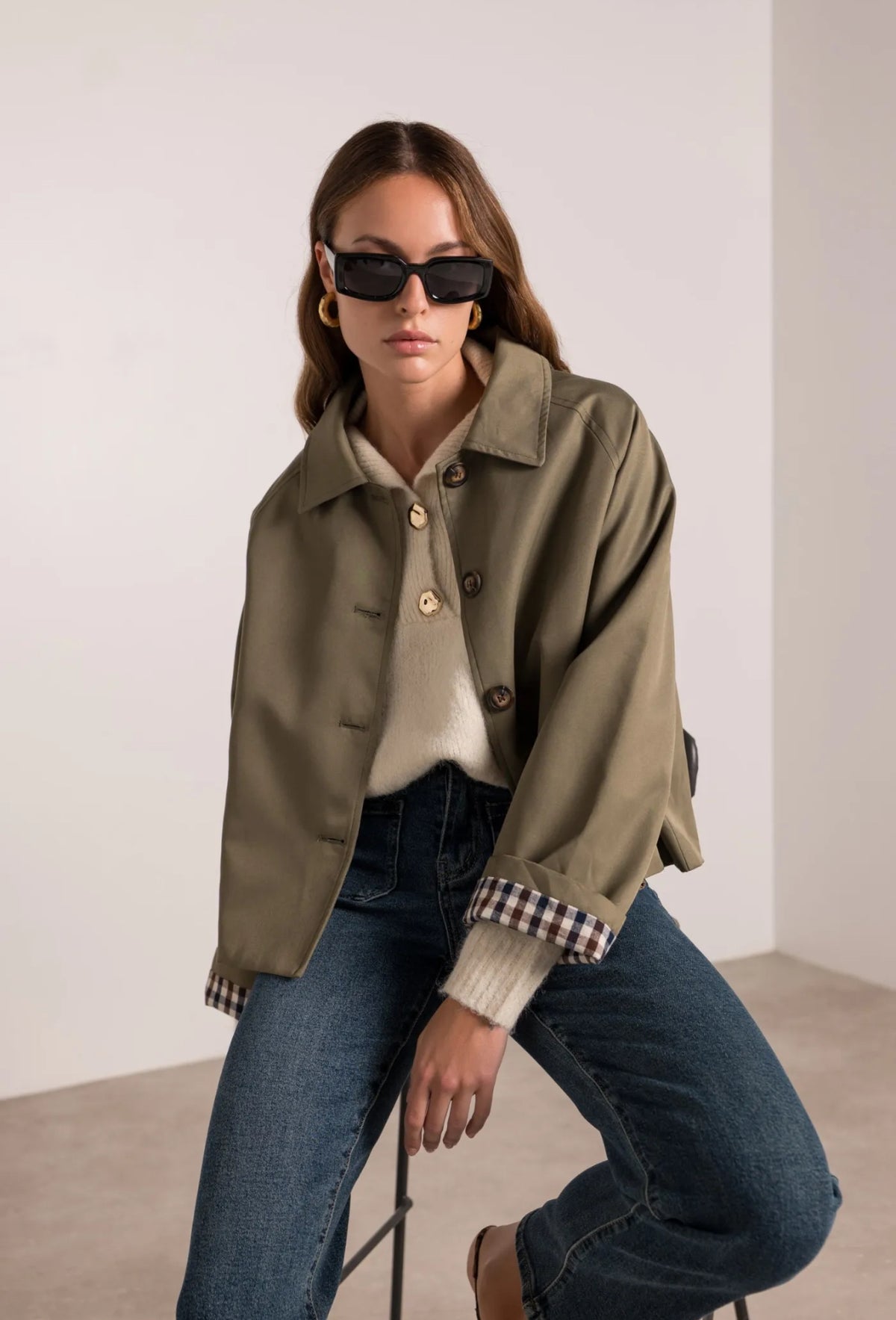 Veste Trench en coton, revers carreaux - YSEULT court Kaki