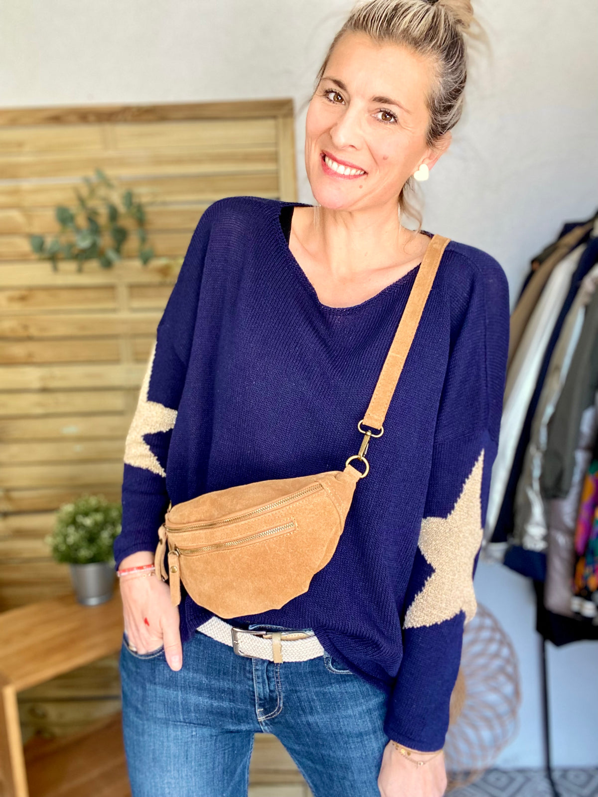 Sac banane double poche en cuir daim - OPALINE - Camel