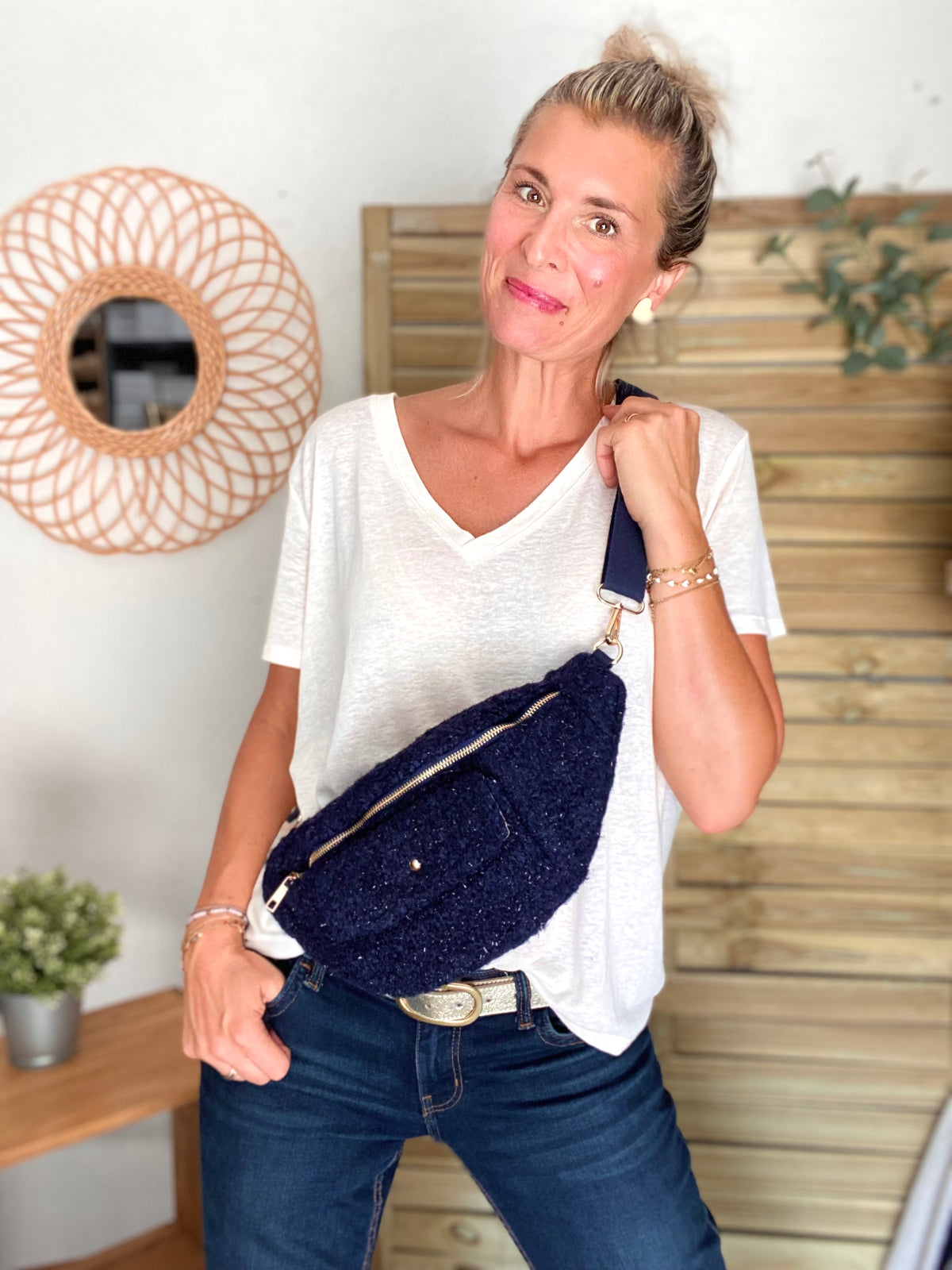 Sac banane XL moumoute lurex avec poche avant - CHELSEA - Marine - FIN DE SÉRIE