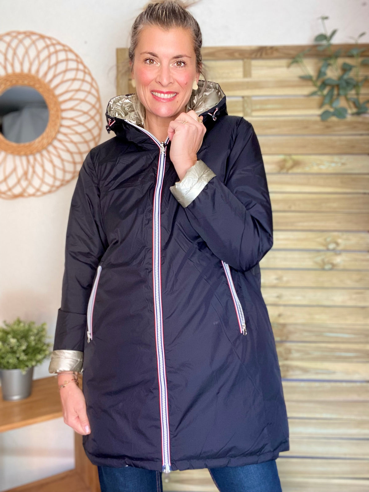 LAURA JO - Doudoune réversible imperméable longue INÈS - Noir / Doré - FIN DE SÉRIE