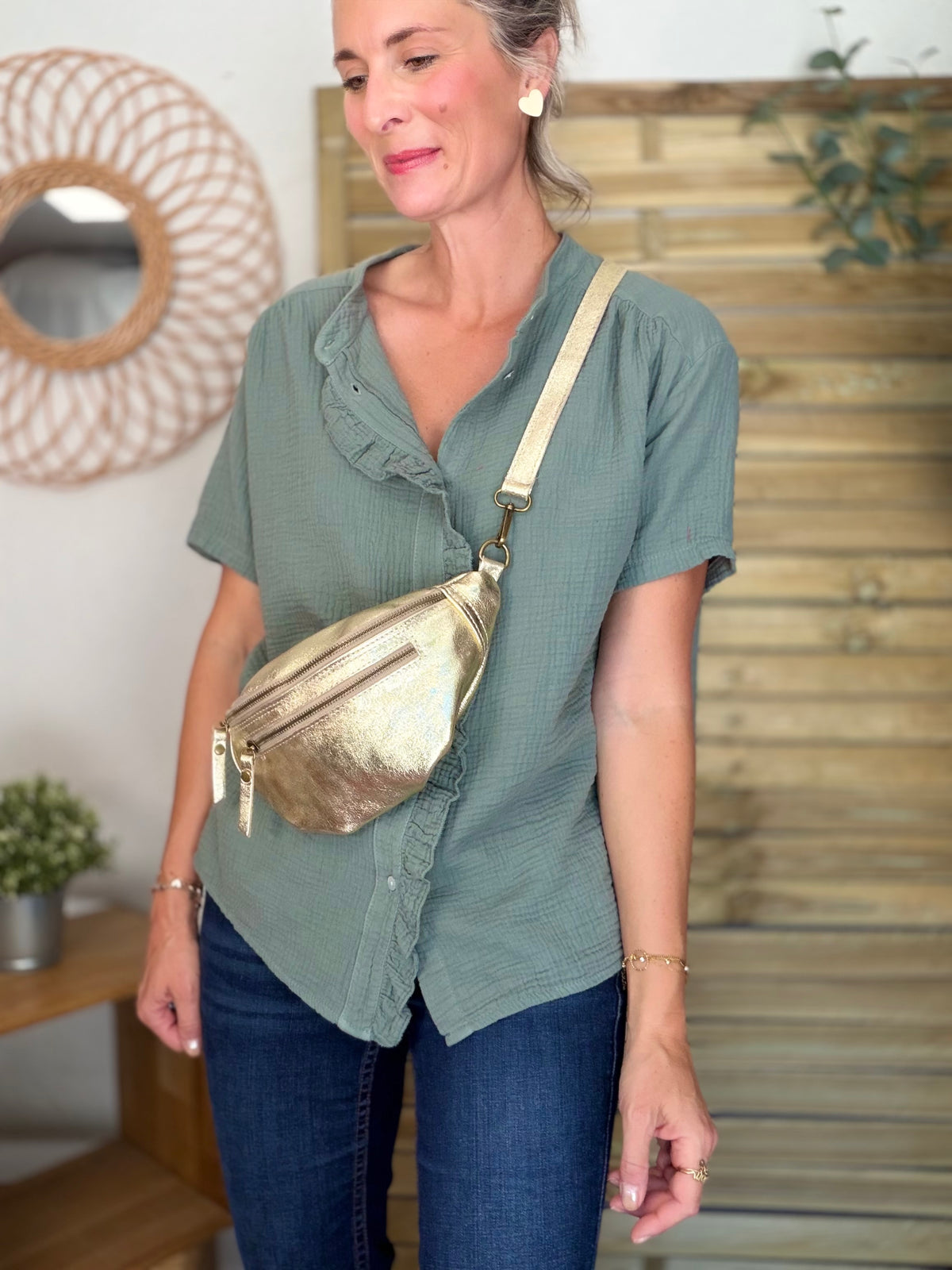 Sac banane en cuir irisé double poche - OPALE - Doré / Laiton