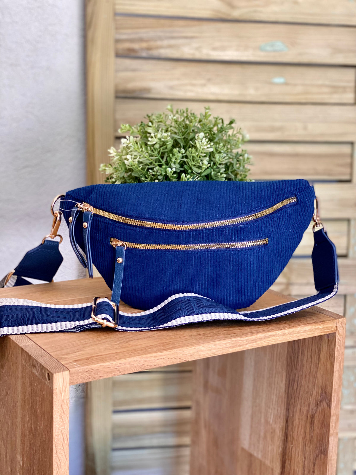 Sac banane en velours côtelé 2 zips et sangle fantaisie - CHARLY - Bleu marine (côtelé fin)