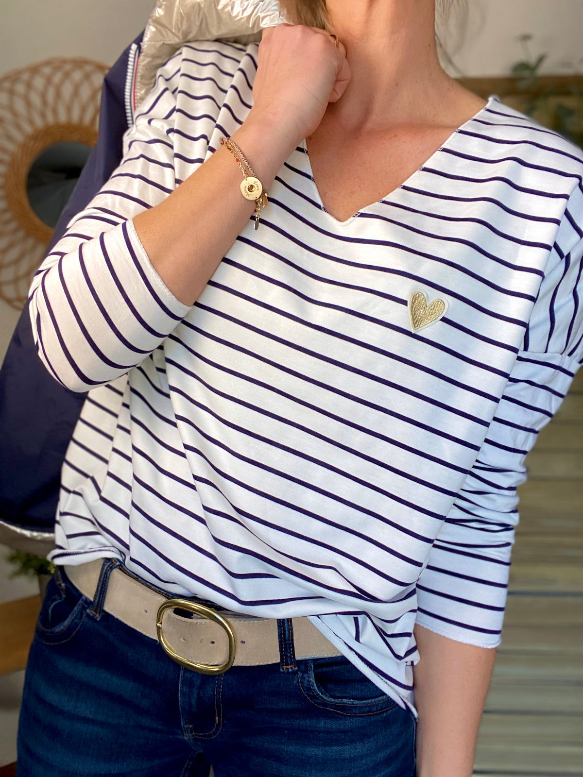 Pull fin rayé col V avec ou sans coeur doré 💛 NOLWENN - Bleu marine
