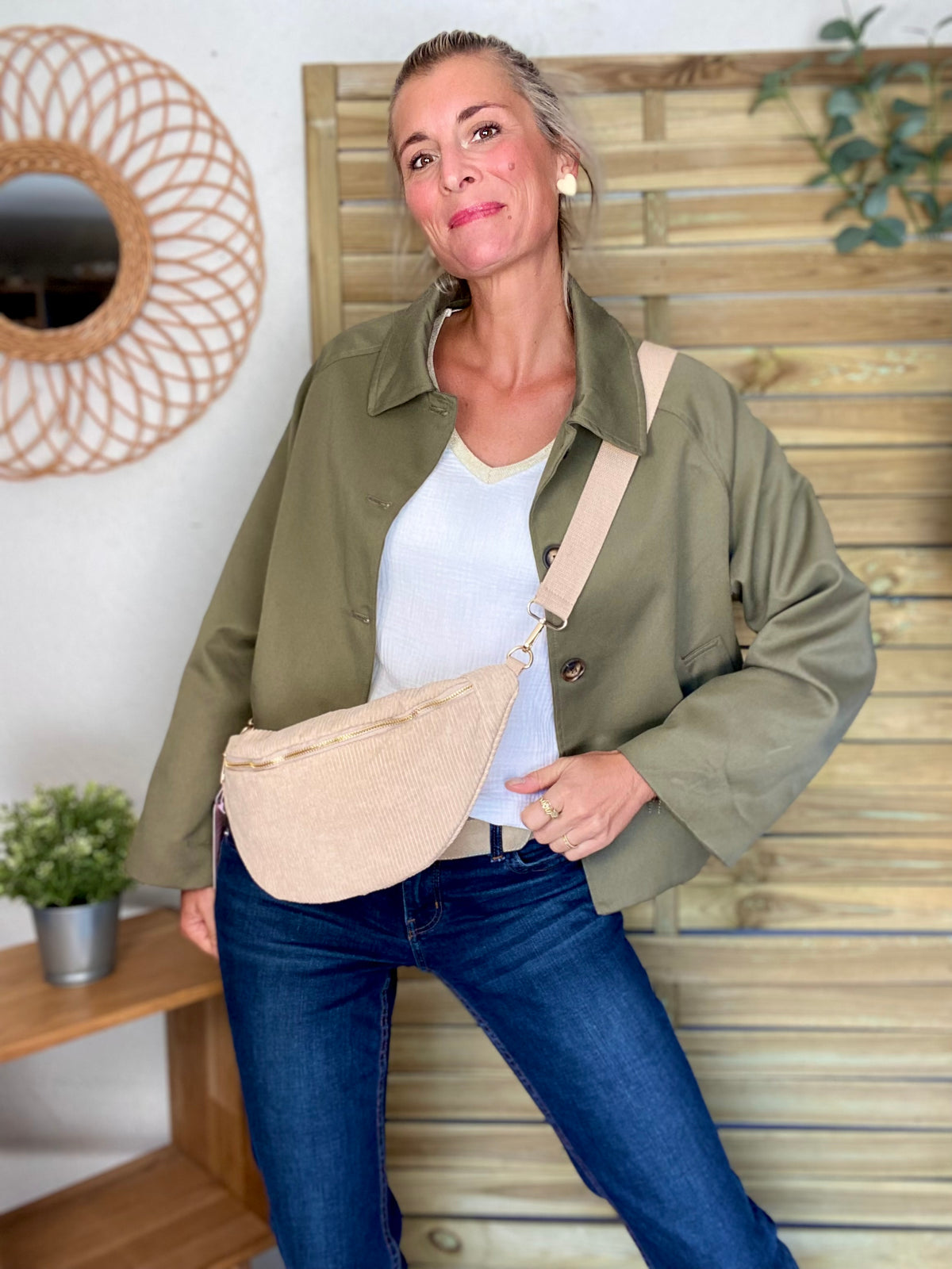 Veste Trench en coton, revers carreaux - YSEULT court Kaki