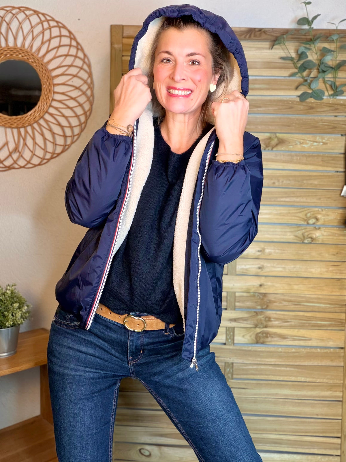 LAURA JO - Parka Imperméable LOUISE COURT sherpa - Bleu marine • DÉSTOCKAGE Taille L