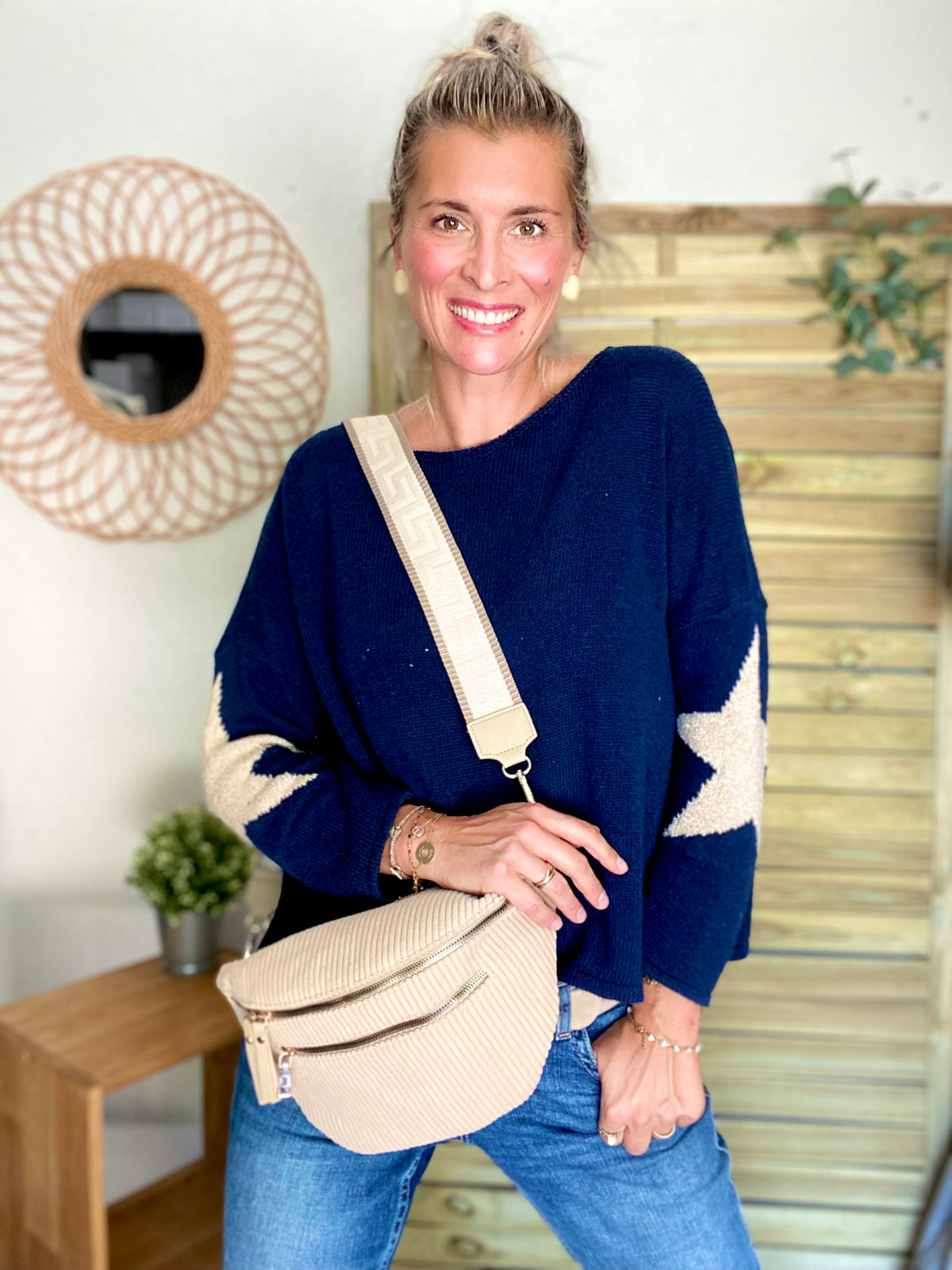 Sac banane XL en velours côtelé 2 zips et sangle fantaisie - WENDY - Beige