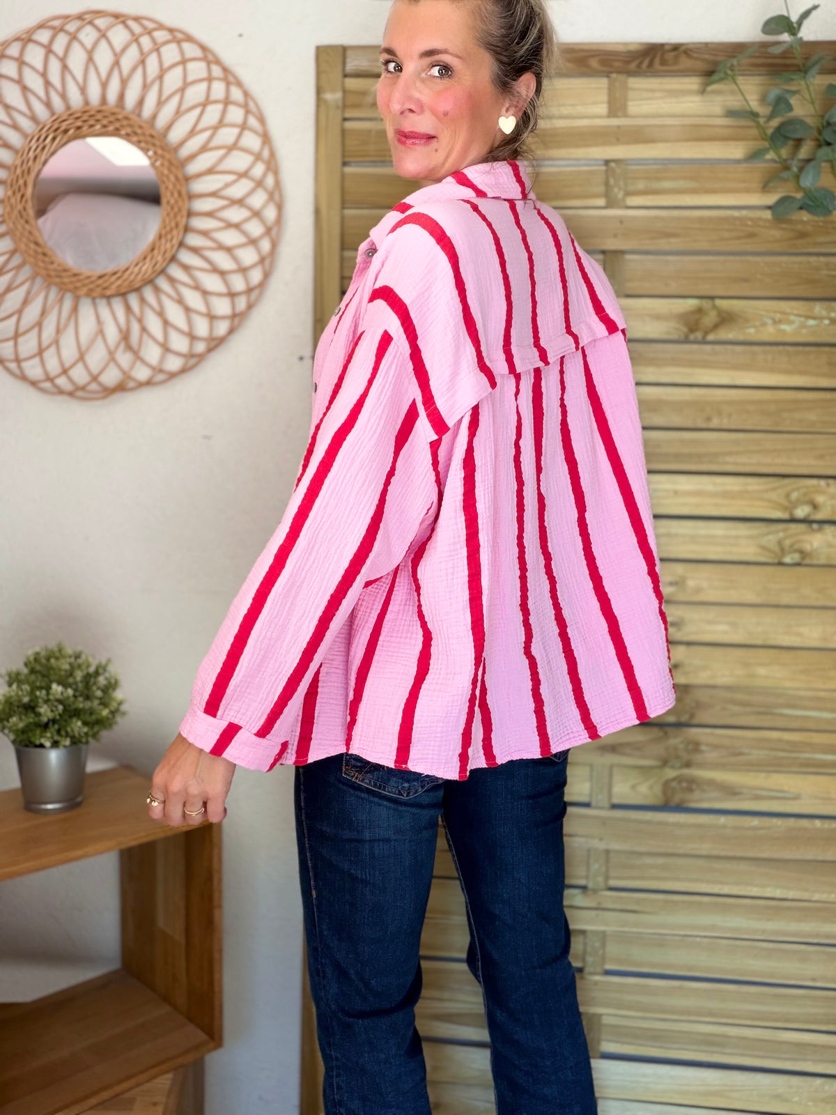 Chemise en gaze de coton rayé FÉLICIE Rose rouge