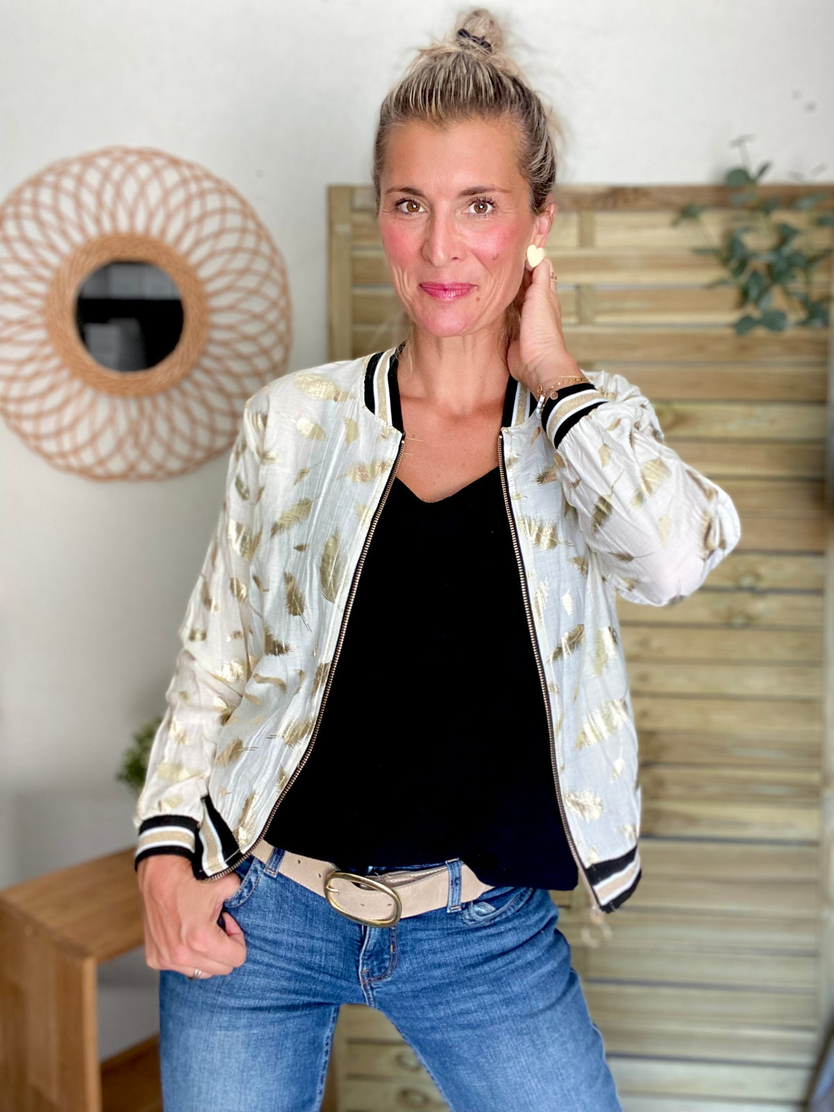 Veste bombers léger EMILY - imprimé Doré Écru (plumes) - FIN DE SÉRIE