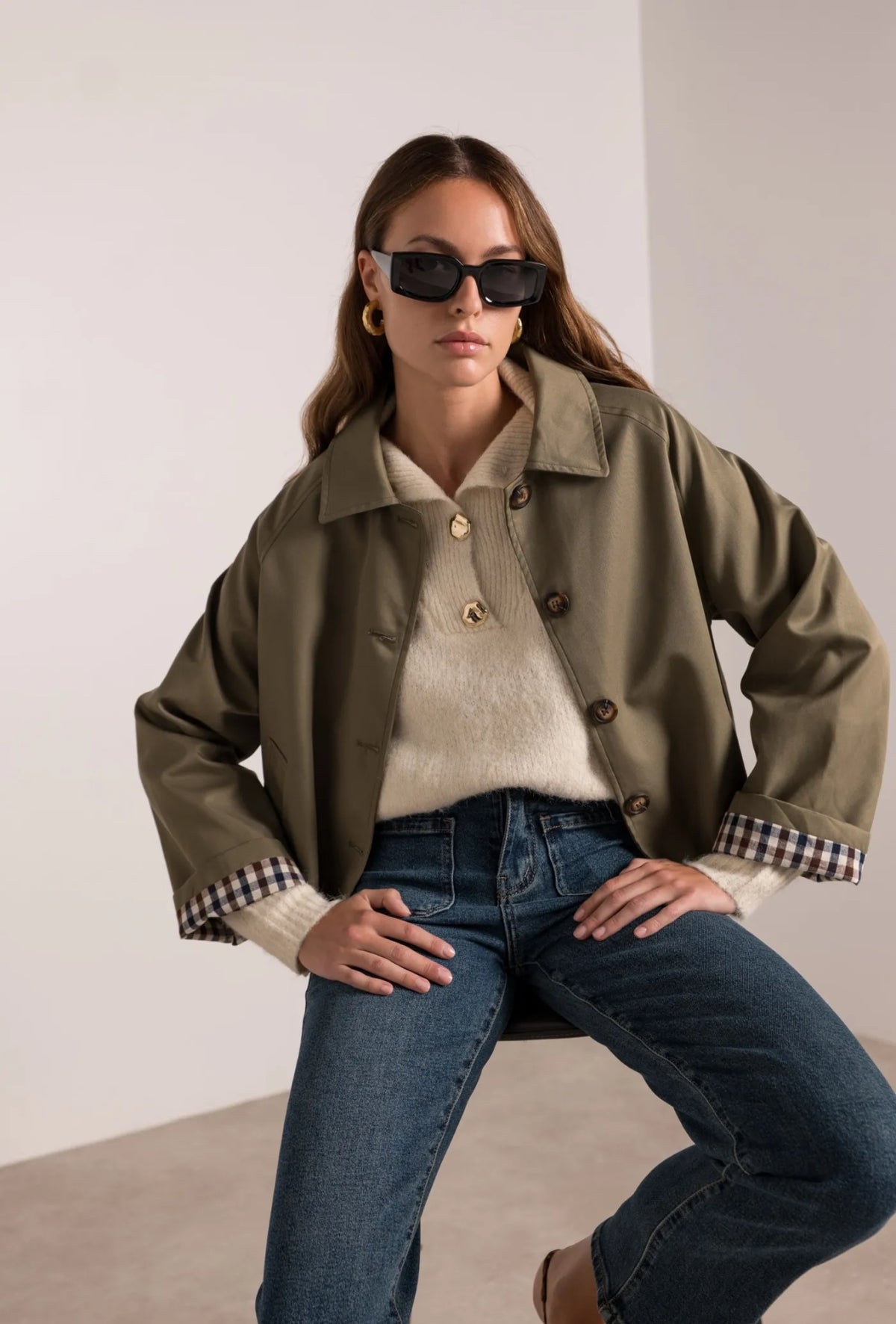 Veste Trench en coton, revers carreaux - YSEULT court Kaki