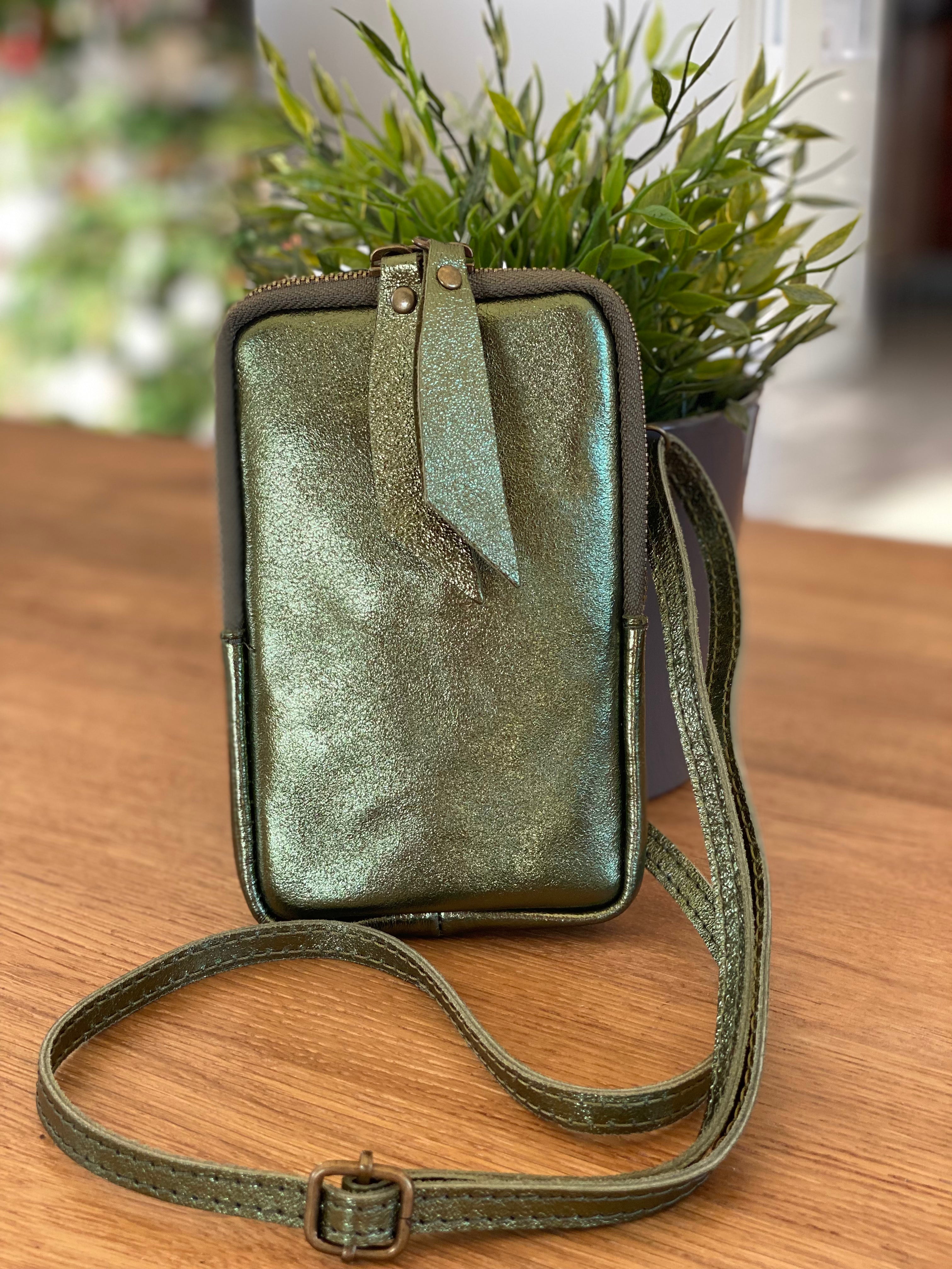 Pochette bandoulière pour téléphone en cuir irisé - STELLA - Kaki - FIN DE SÉRIE