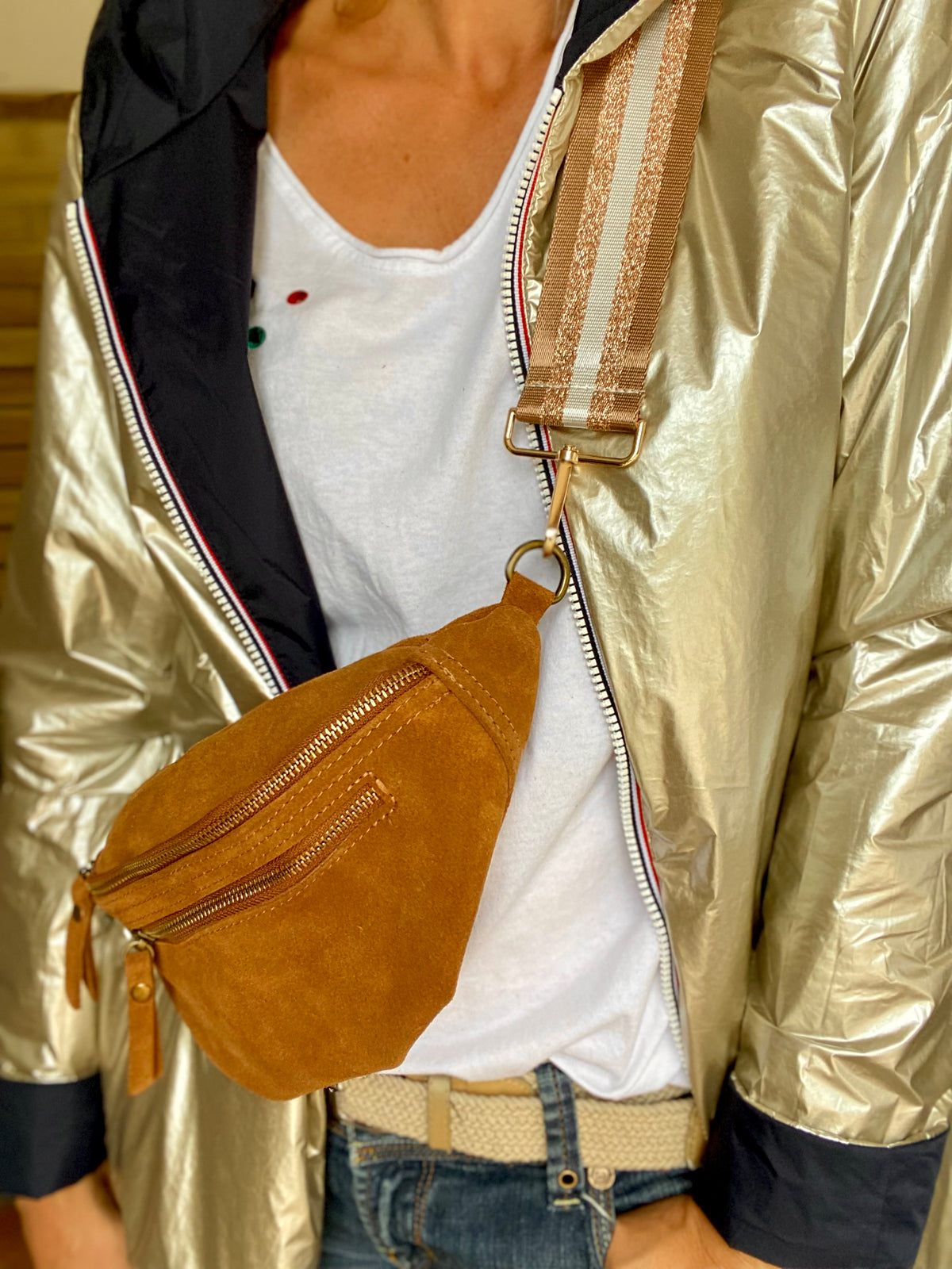 Sac banane double poche en cuir daim - OPALINE - Camel