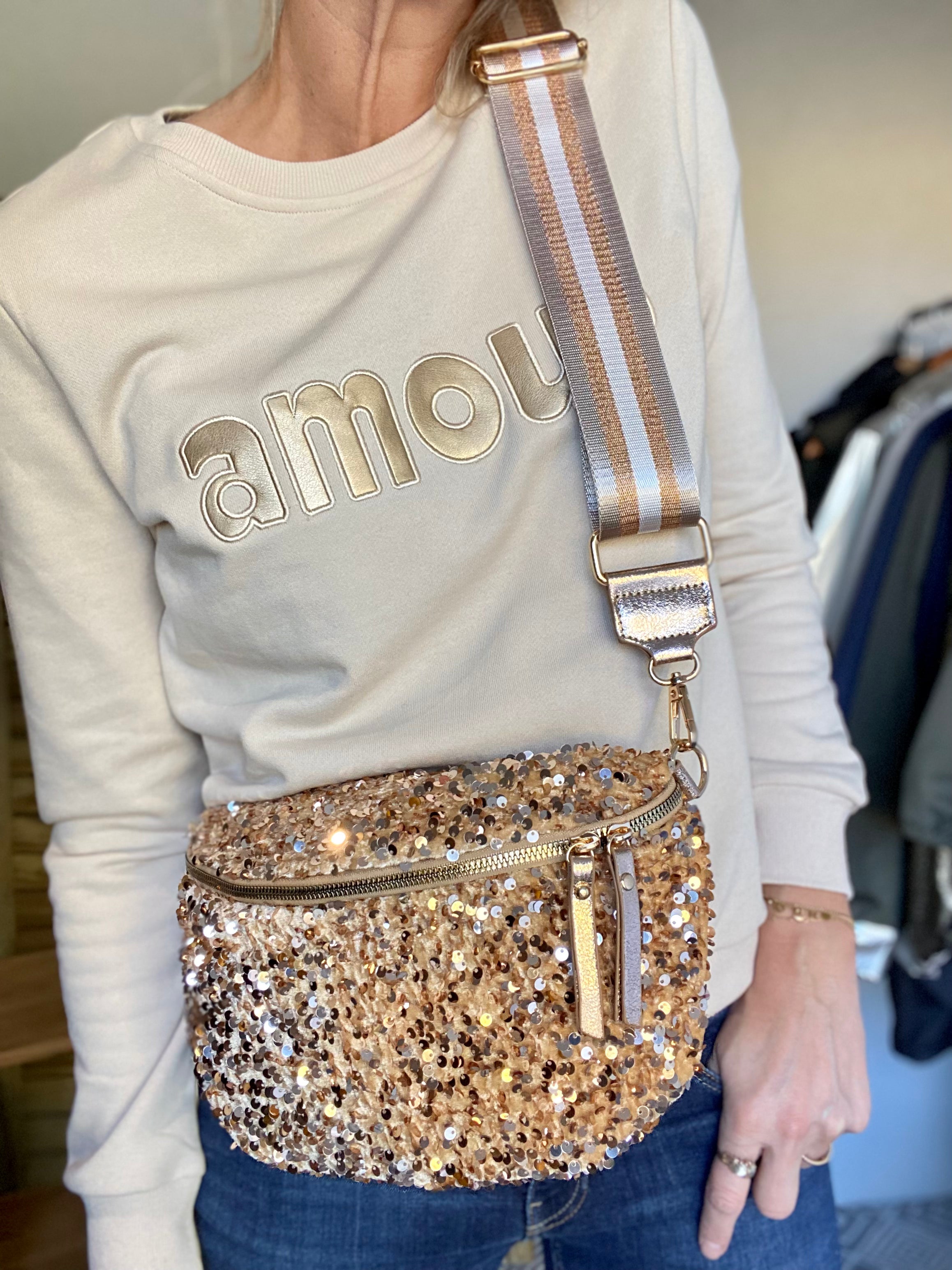 Sac banane L à sequins 30cm et sangle fantaisie - ROXY - Doré