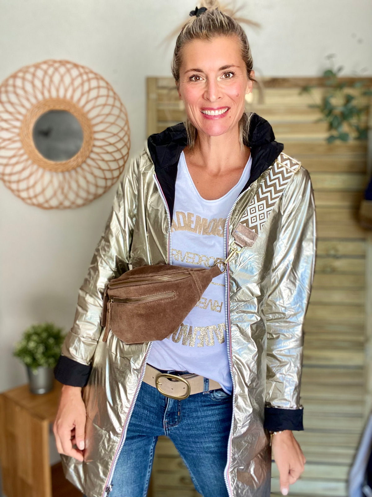 Sac banane double poche en cuir daim - OPALINE - Taupe