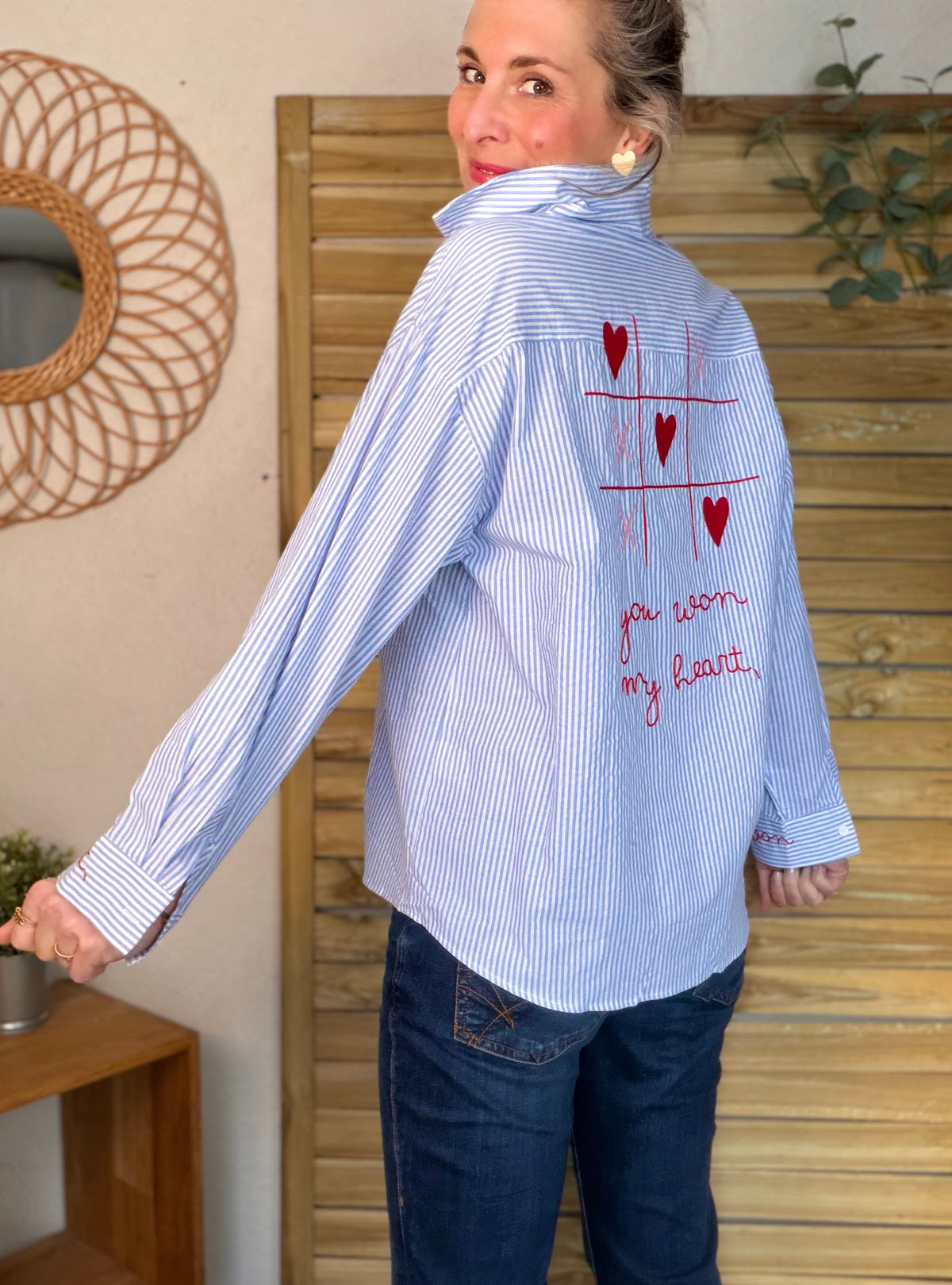 Chemise bleue rayée brodée YOU WON MY HEART ❤️ MAUREEN - FIN DE SÉRIE