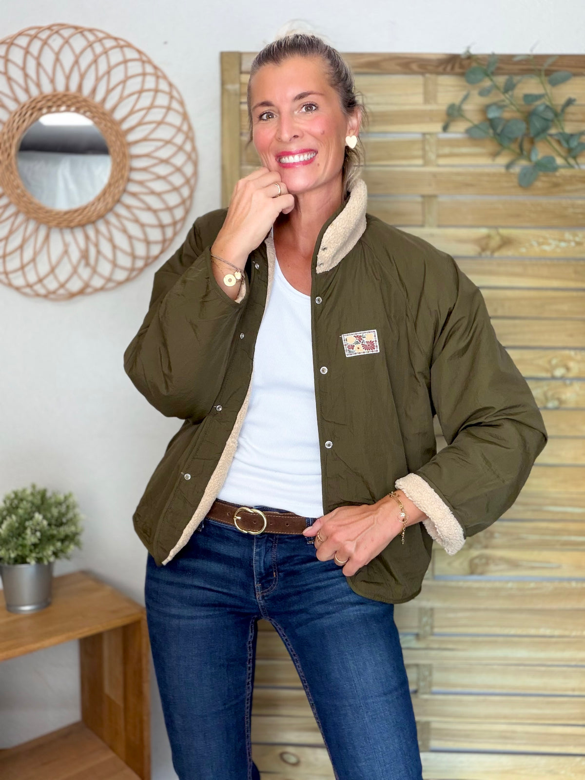 Veste matelassée réversible Sherpa AMÉLIE Kaki / Beige