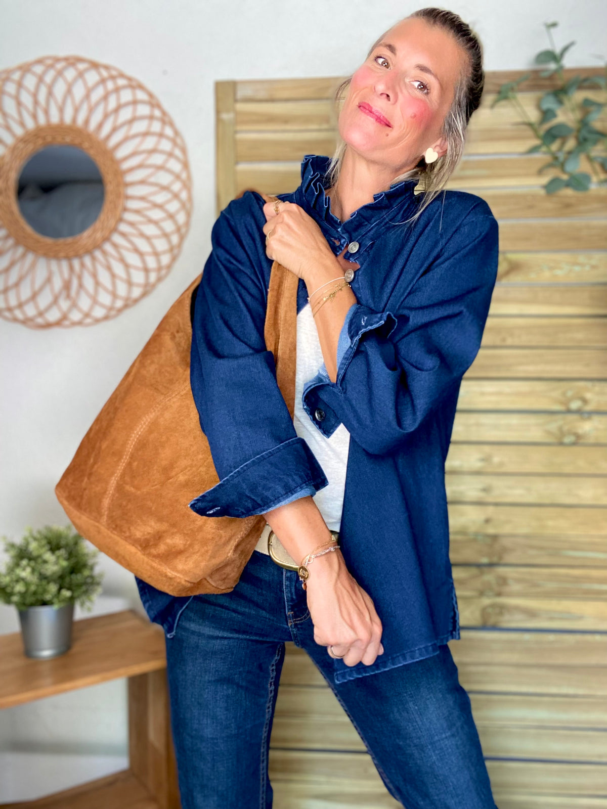 Sac cabas hobo cuir daim MARLON - Camel