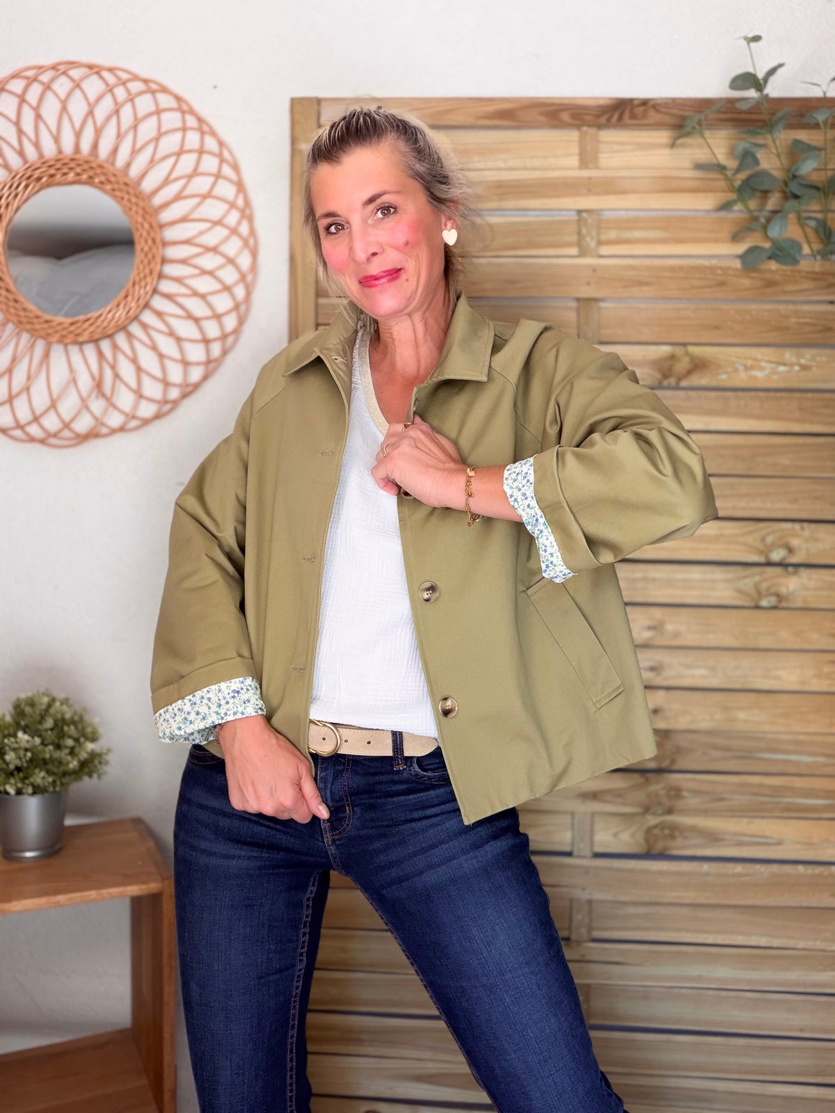 Veste Trench en coton avec Liberty - JOHAN Kaki clair - FIN DE SÉRIE