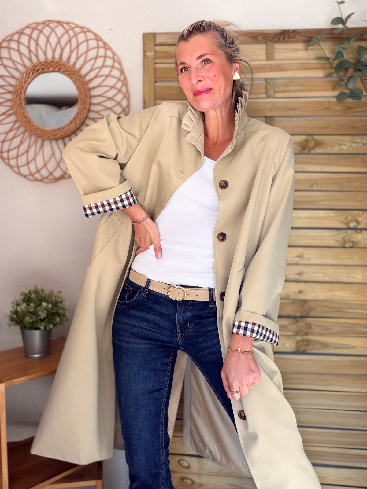 Veste Trench col victorien, revers carreaux - VICKY LONG Beige