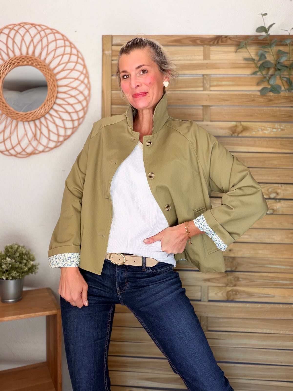 Veste Trench en coton avec Liberty - JOHAN Kaki clair - FIN DE SÉRIE