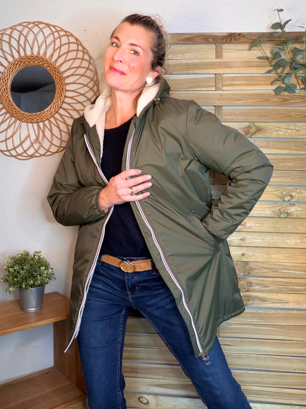 LAURA JO - Parka Imperméable LOUISE LONG Sherpa écru - Kaki • DÉSTOCKAGE sur taille S