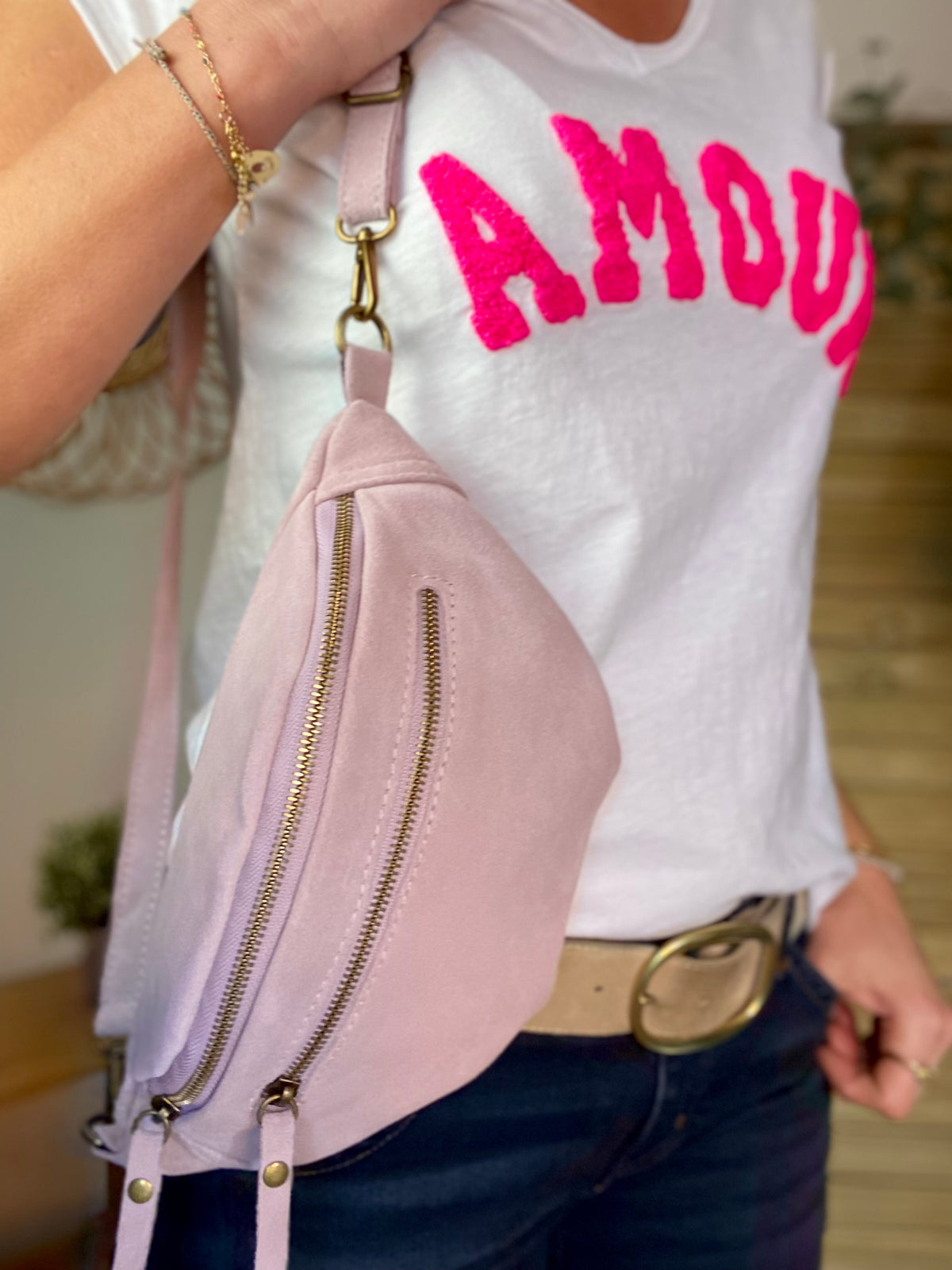 Sac banane double poche en cuir daim - OPALINE - Lilas