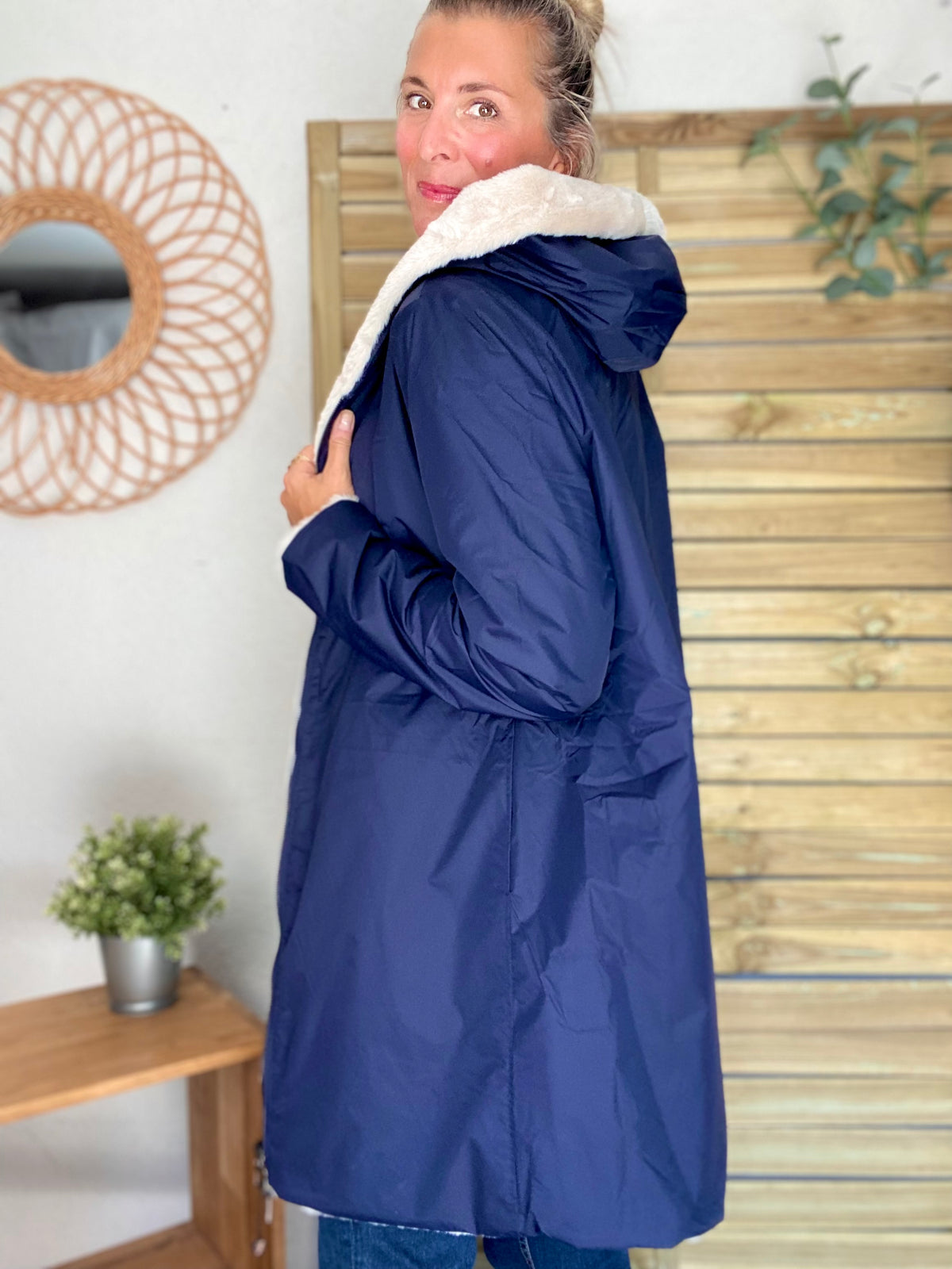 LAURA JO - Parka Imperméable réversible fourrée Bleu marine / Beige ALIX Long