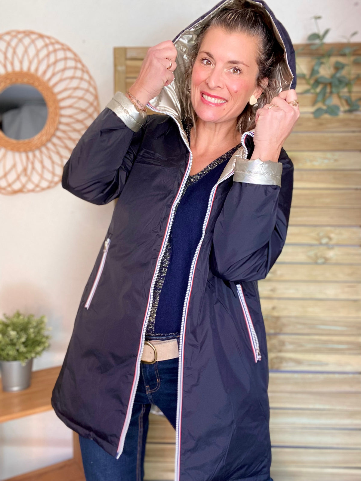 LAURA JO - Doudoune réversible imperméable longue INÈS - Noir / Doré - FIN DE SÉRIE