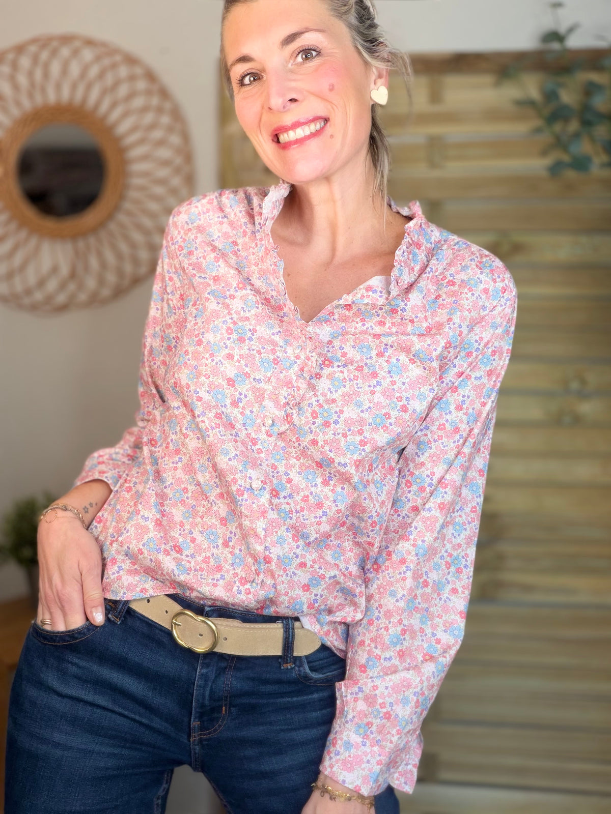 Chemise imprimée Liberty rose clair, col volanté SOLANE (DÉSTOCKAGE sur Taille S)