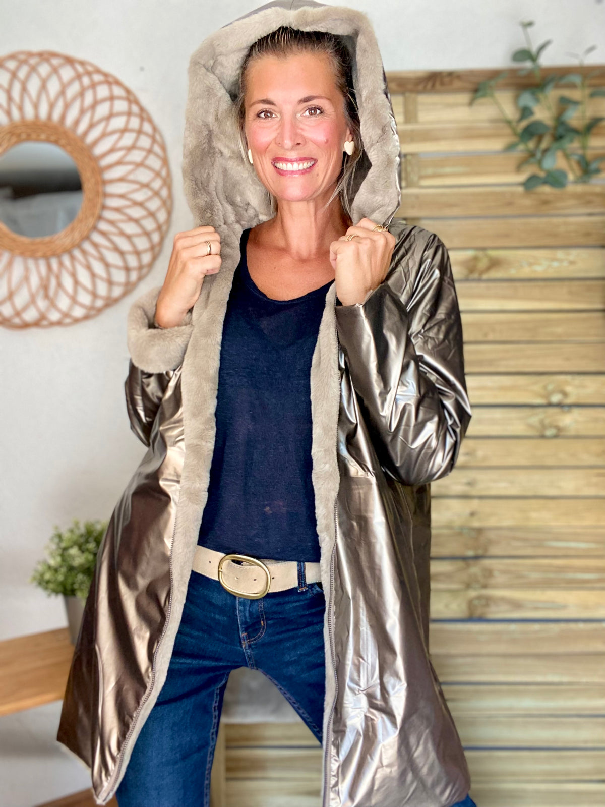 LAURA JO - Parka Imperméable réversible fourrée Bronze / Beige ALIX Long