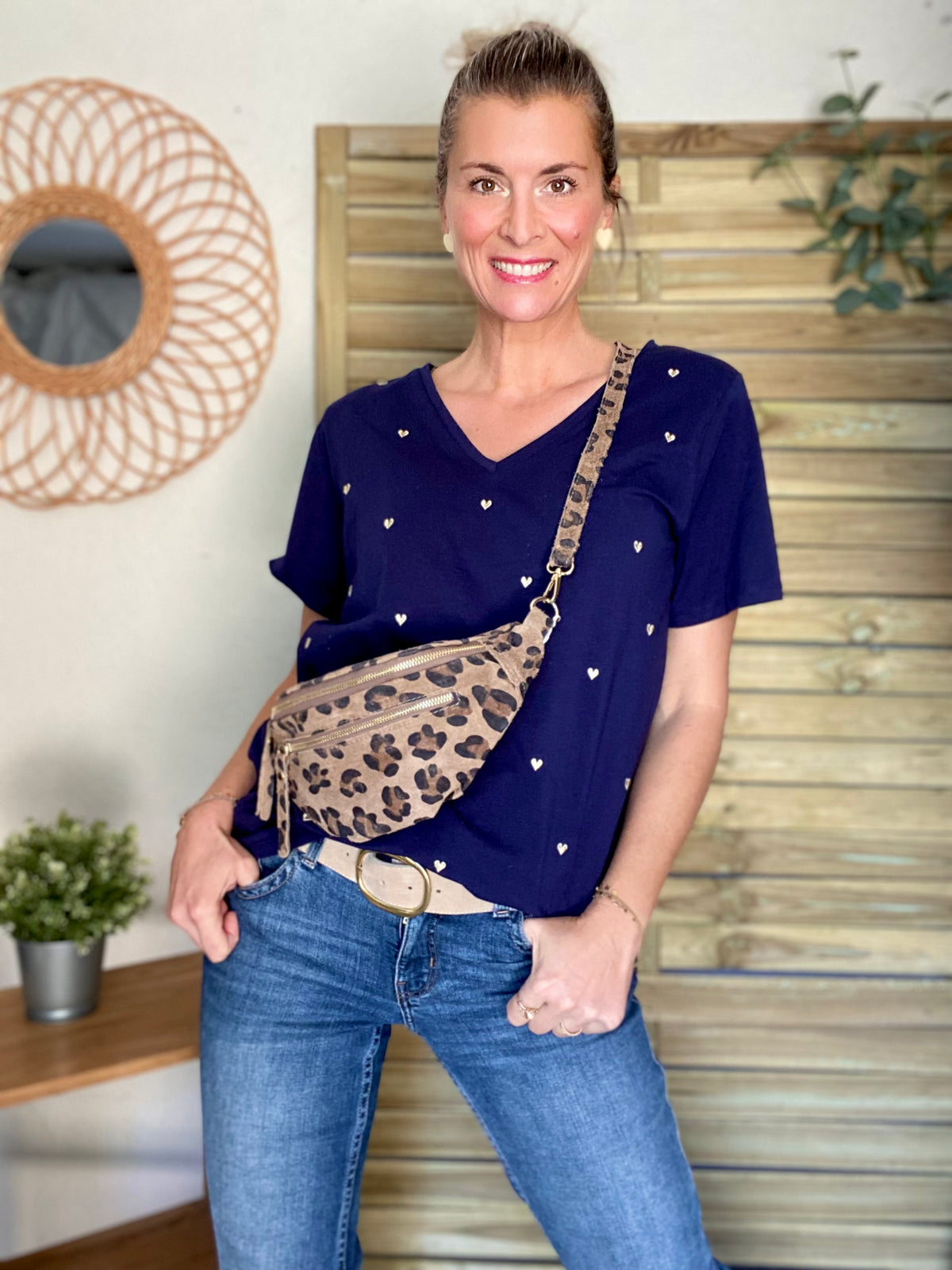 Sac banane double poche en cuir daim - OPALINE - Léo taupe