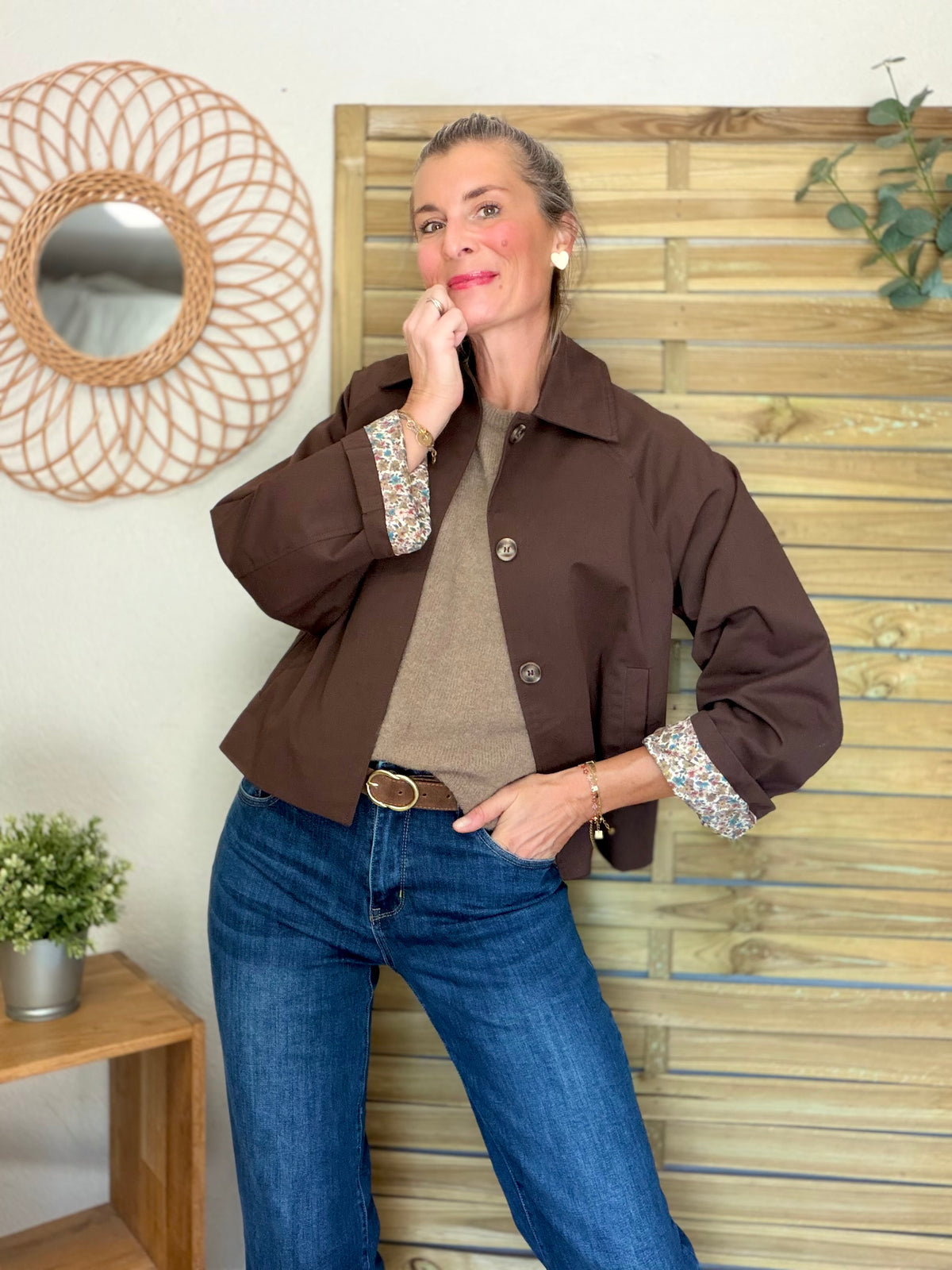 Veste Trench en coton Chocolat avec Liberty - MAHAUT - LILI et LALA