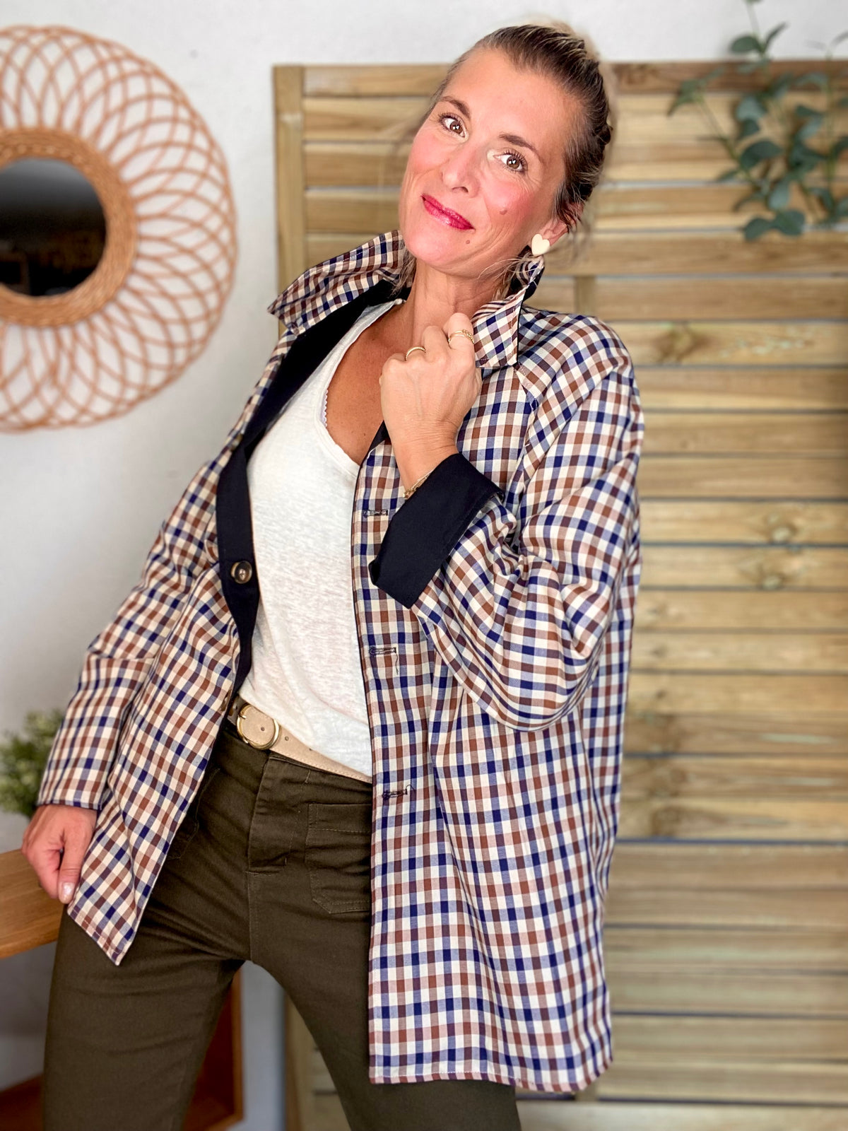 Veste Trench mi long réversible vichy LENA Noir - FIN DE SÉRIE