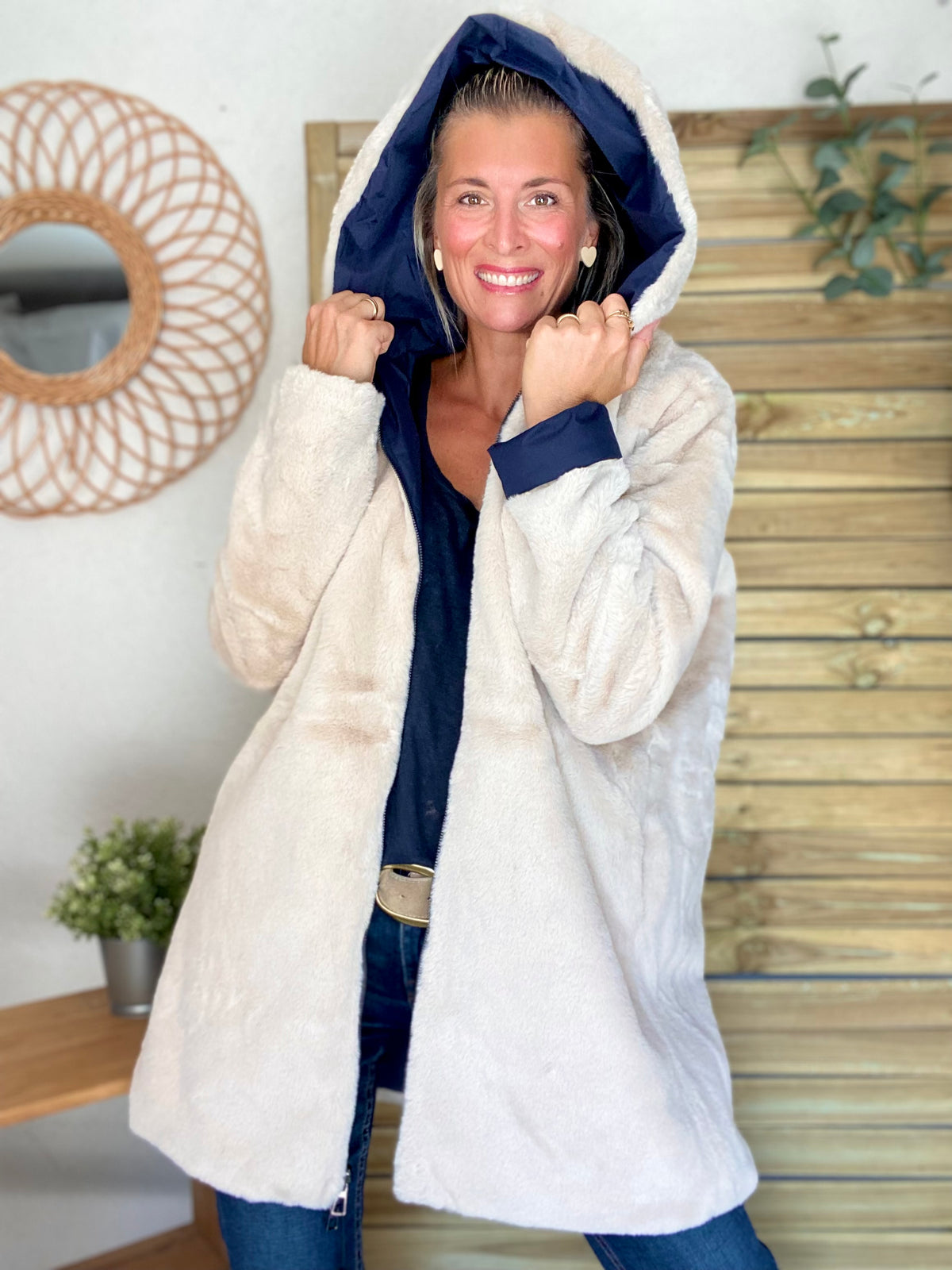 LAURA JO - Parka Imperméable réversible fourrée Bleu marine / Beige ALIX Long