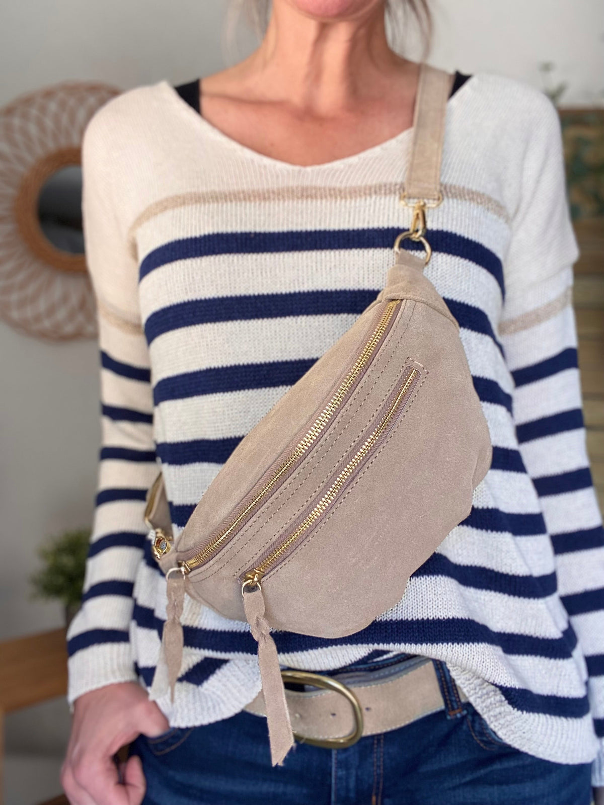 Sac banane double poche en cuir daim - OPALINE - Beige
