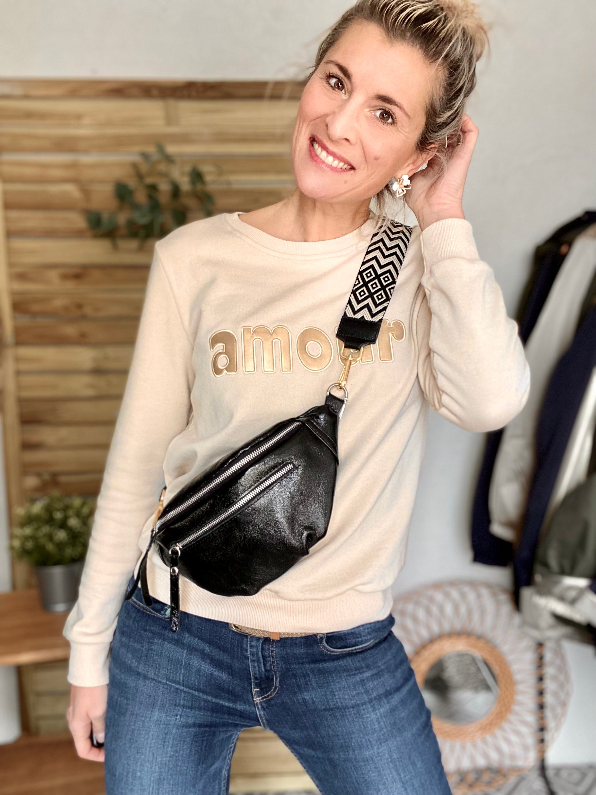 Sac banane en cuir irisé double poche - OPALE - Noir / Argent