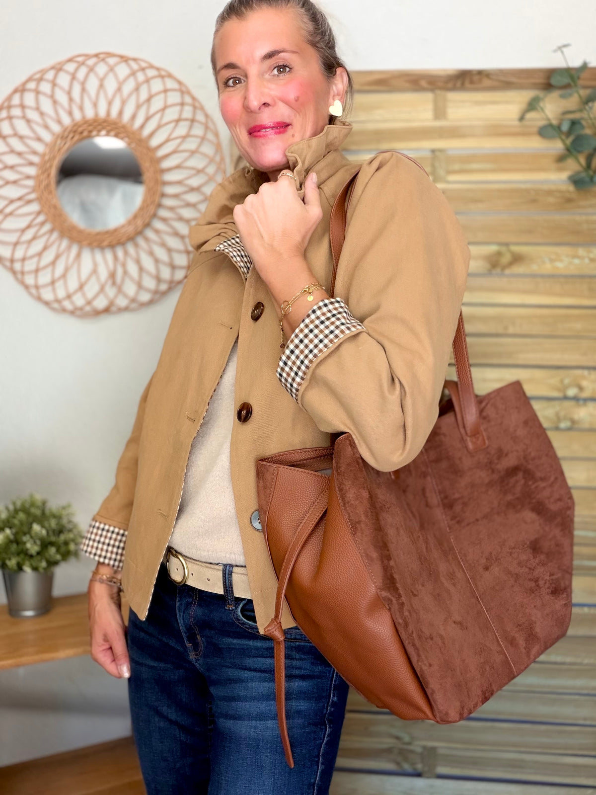 Grand Sac cabas 2 en 1 en simili daim - LAURÈNE Camel