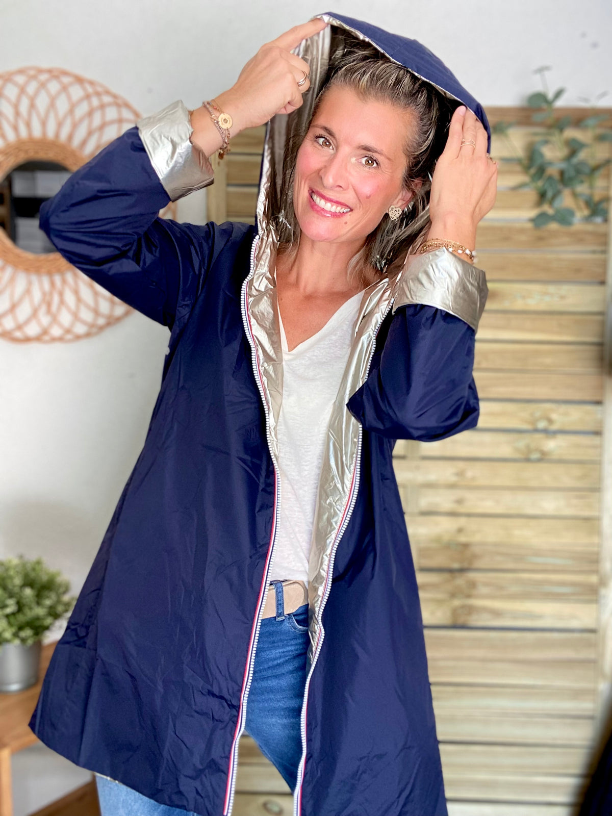 LAURA JO - Imperméable réversible rembourré LOUISON LONG - Marine/Doré