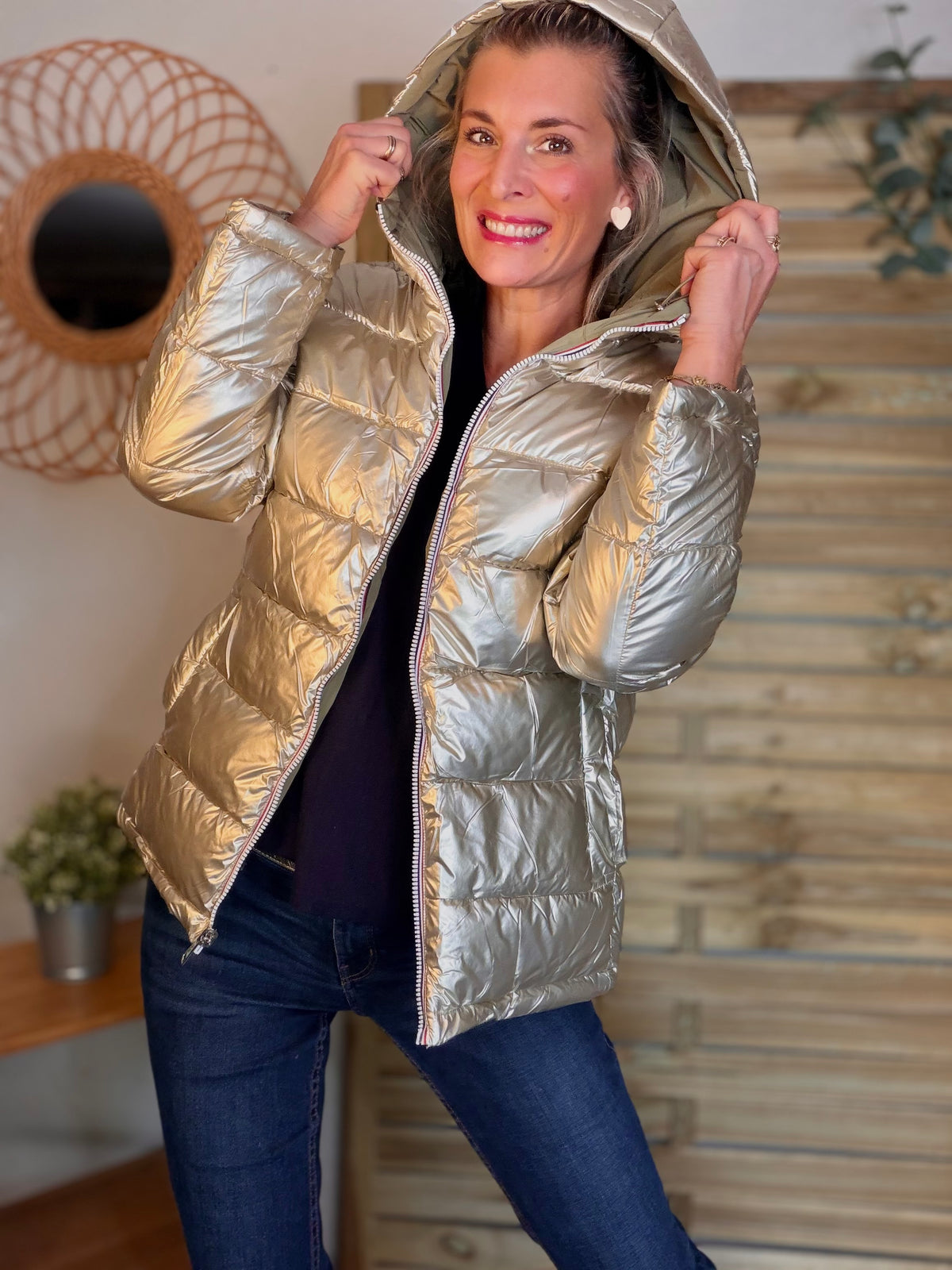 Doudoune imperméable réversible ANGÈLE COURT - Kaki clair - MELYA MELODY (DÉSTOCKAGE sur Taille S)