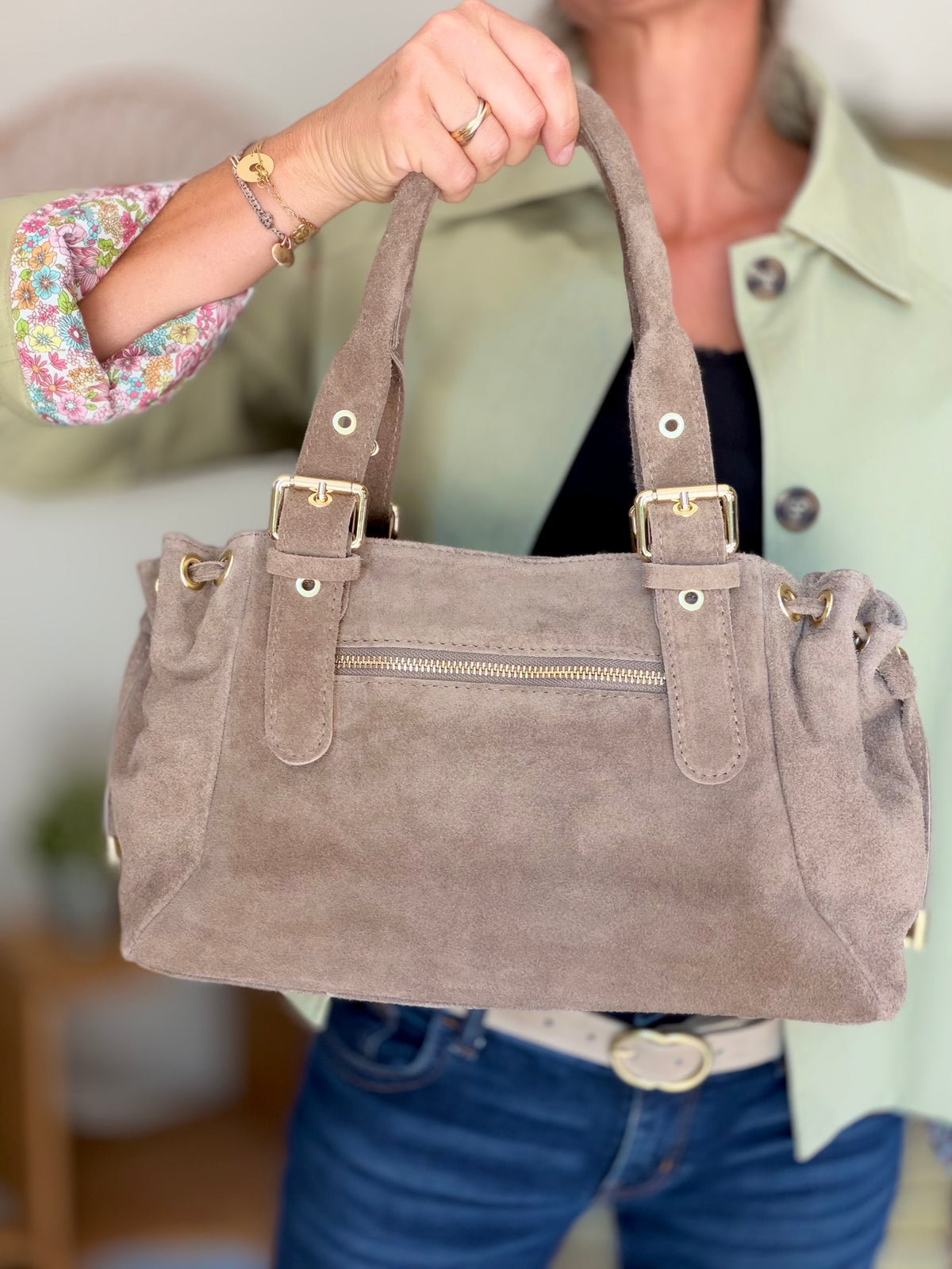 Sac à main en cuir daim GERY - Taupe
