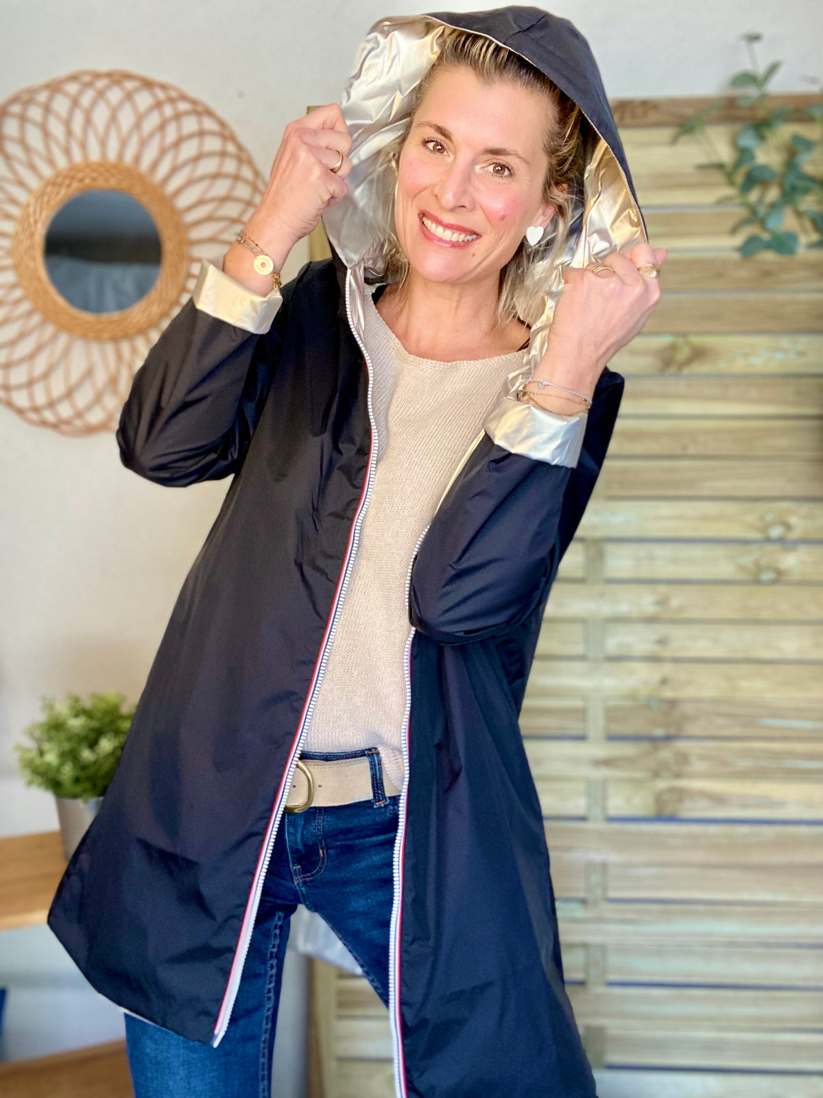 LAURA JO - Imperméable réversible léger GARANCE LONG - Noir/Doré • DESTOCKAGE sur Taille S