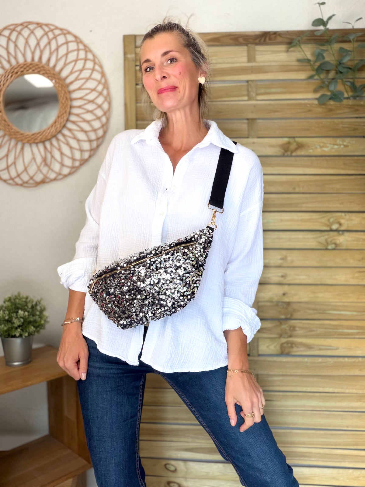 Sac banane L velours à sequins Ciao Boum- TAYLOR - Noir / Argent - DÉSTOCKAGE