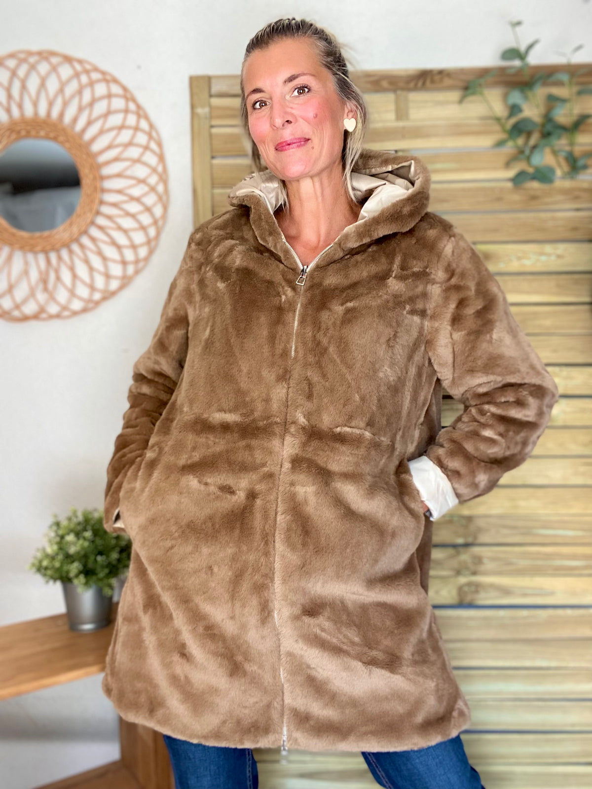 LAURA JO - Parka Imperméable réversible fourrée Sable irisé / Camel ALIX Long