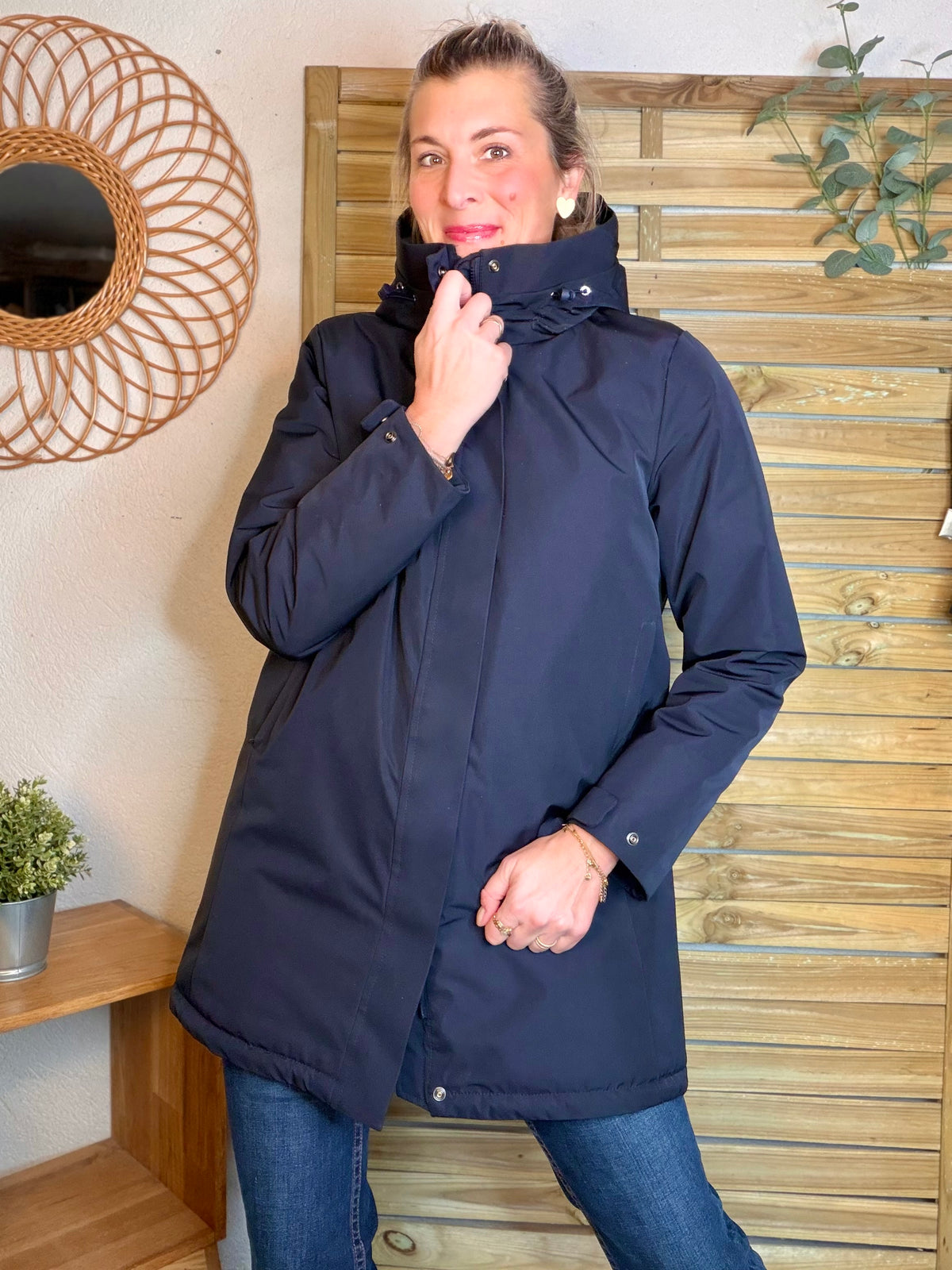 LAURA JO - Parka fourrée imperméable AMBRE LONG - Bleu marine / Beige