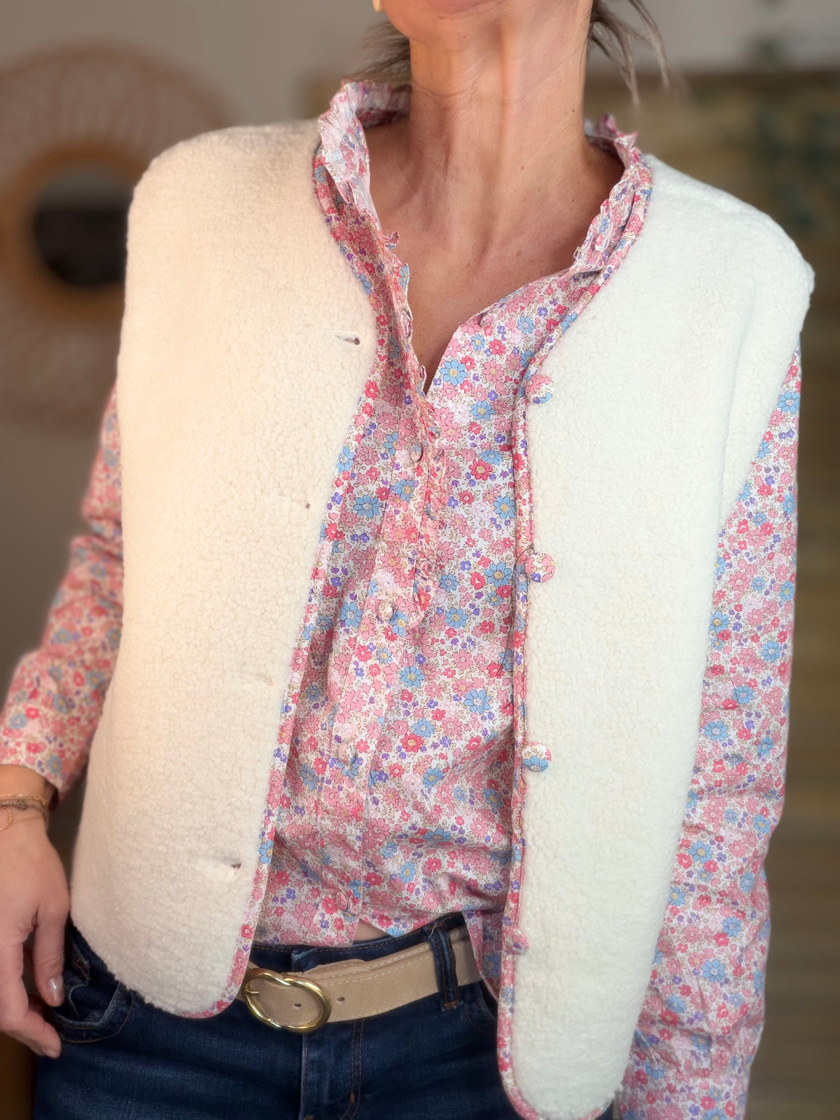 Chemise imprimée Liberty rose clair, col volanté SOLANE (DÉSTOCKAGE sur Taille S)