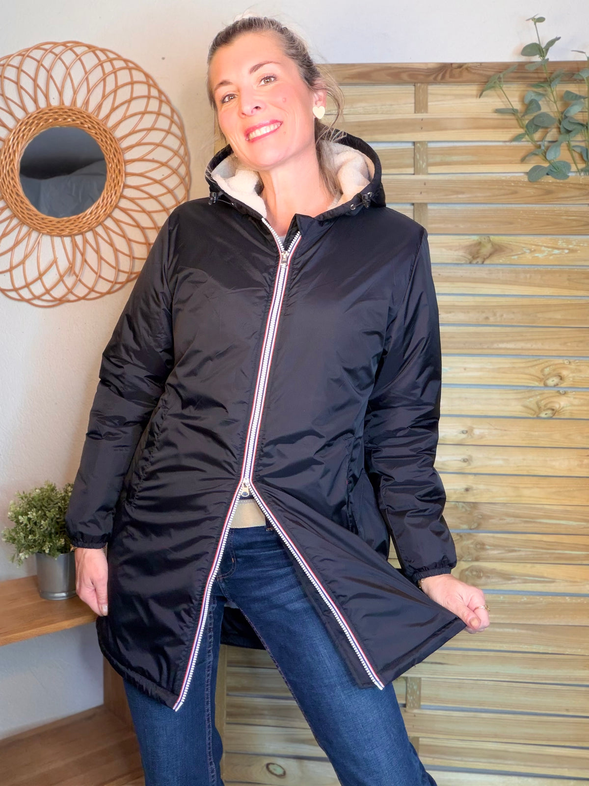 LAURA JO - Parka Imperméable LOUISE LONG Sherpa écru - Noir • DÉSTOCKAGE sur Taille L