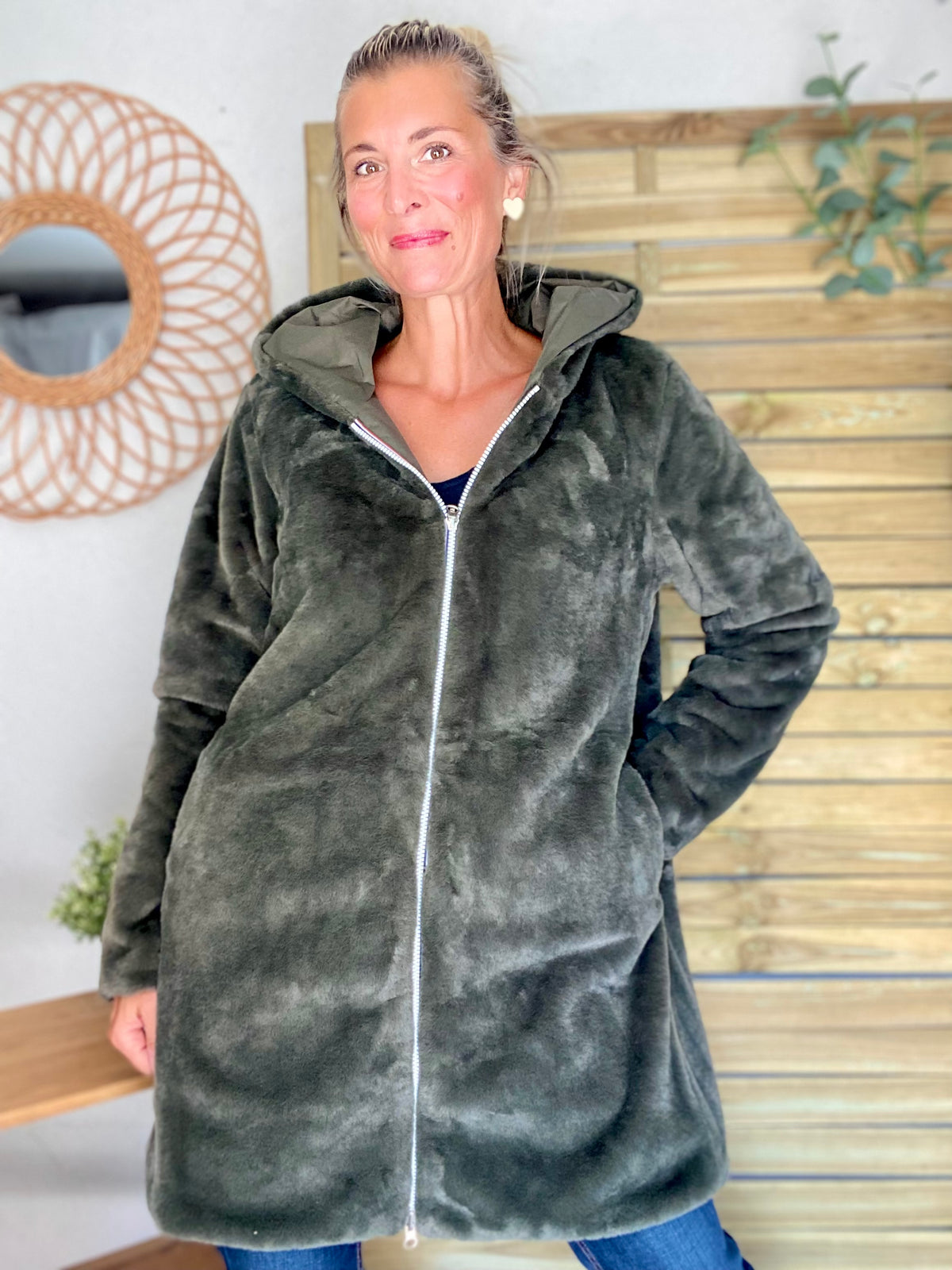 LAURA JO - Parka Imperméable réversible fourrée Kaki / Kaki ALIX Long • DÉSTOCKAGE sur Taille S
