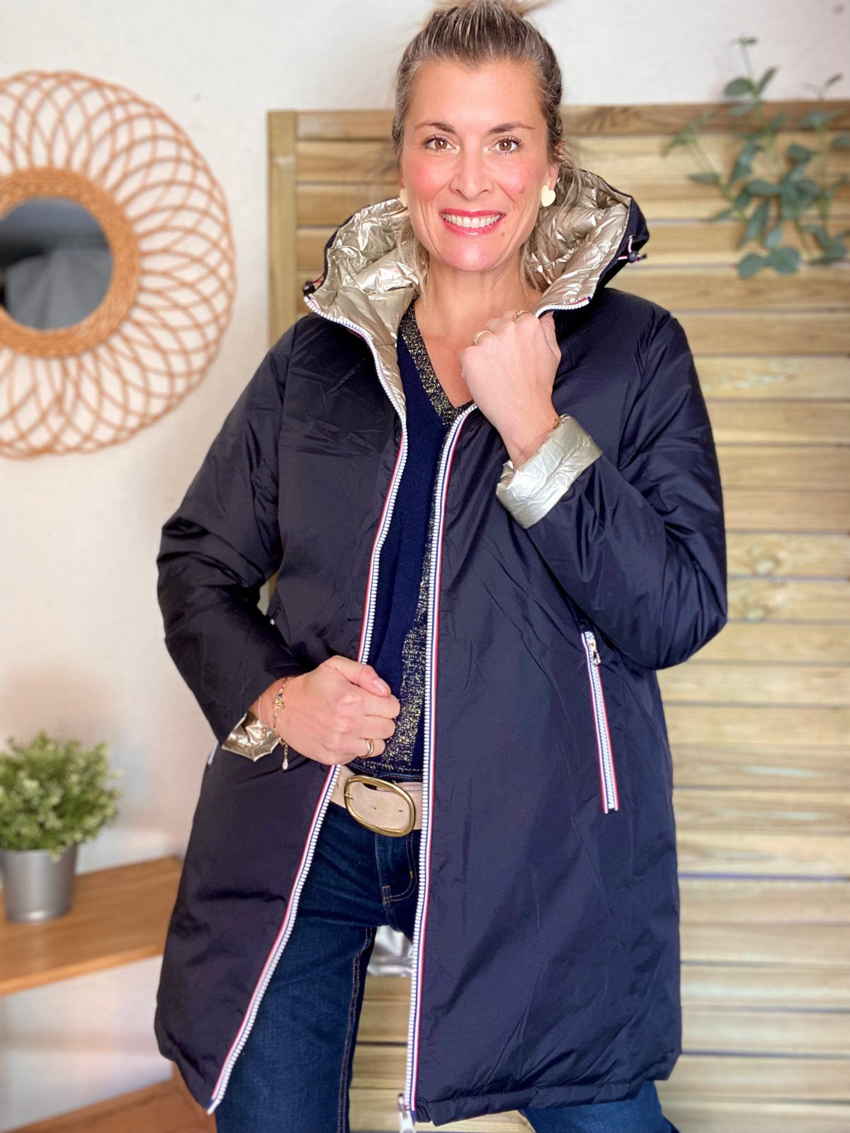 LAURA JO - Doudoune réversible imperméable longue INÈS - Noir / Doré - FIN DE SÉRIE