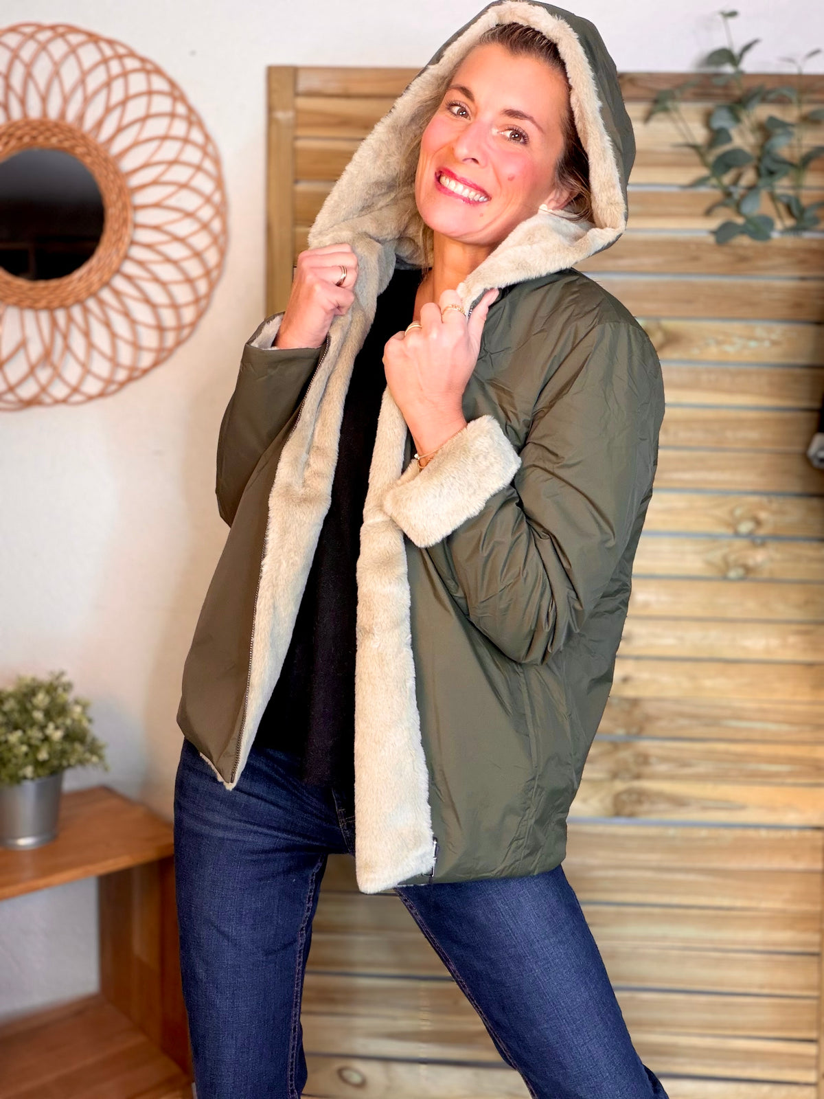 LAURA JO - Parka Imperméable réversible fourrée Kaki / Beige ALIX Court