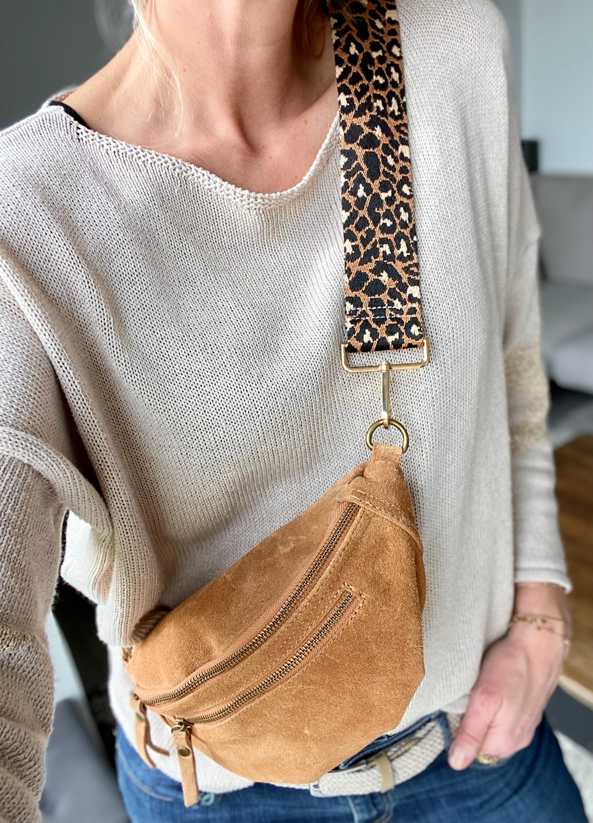 Sac banane double poche en cuir daim - OPALINE - Camel